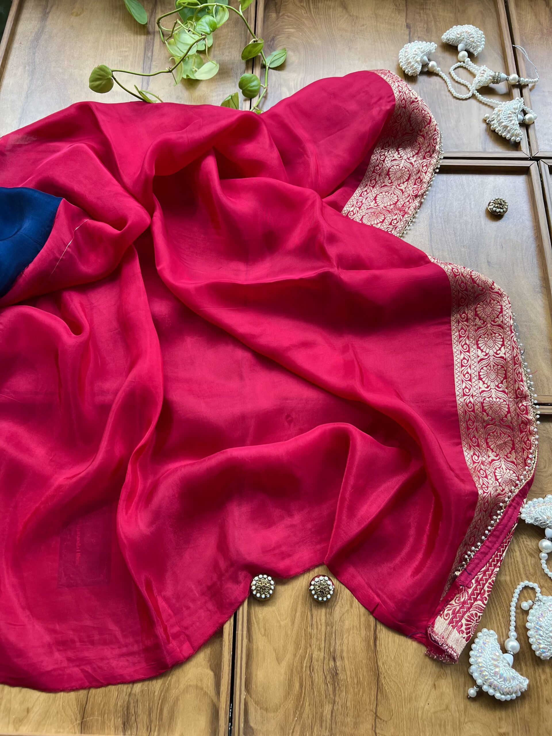 Navy Blue HO Silk with Elephant Bootas Khaddi Work Saree - Image 5