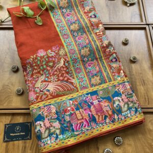 Rust Orange Maheshwari Silk Saree With Khaddi Rangkaat & Royal Forest Weave