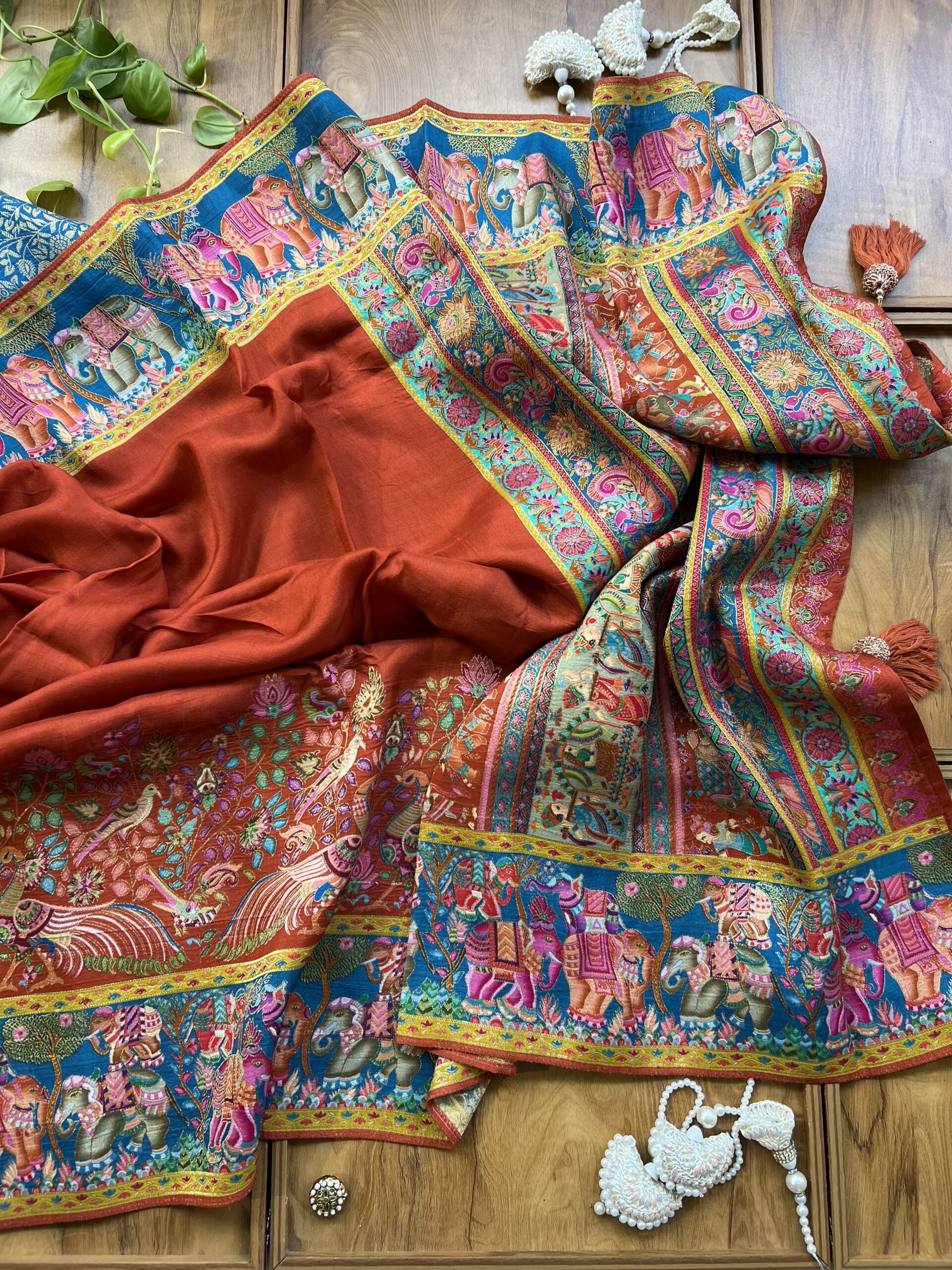 Rust Orange Maheshwari Silk Saree With Khaddi Rangkaat & Royal Forest Weave - Image 4
