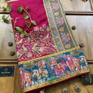 Magenta Pink Maheshwari Silk Saree With Khaddi Rangkaat & Royal Forest Weave