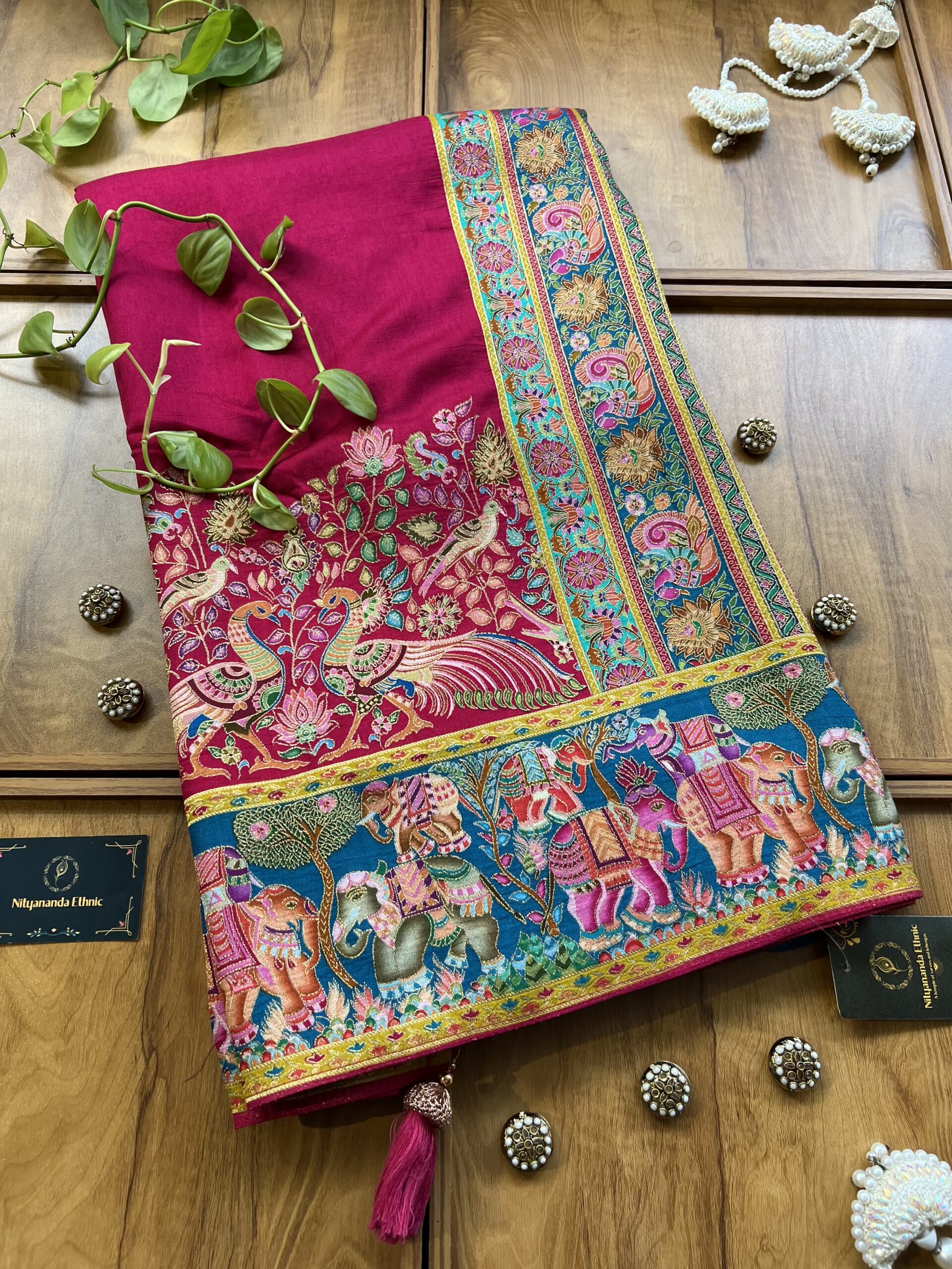 Magenta Pink Maheshwari Silk Saree With Khaddi Rangkaat & Royal Forest Weave