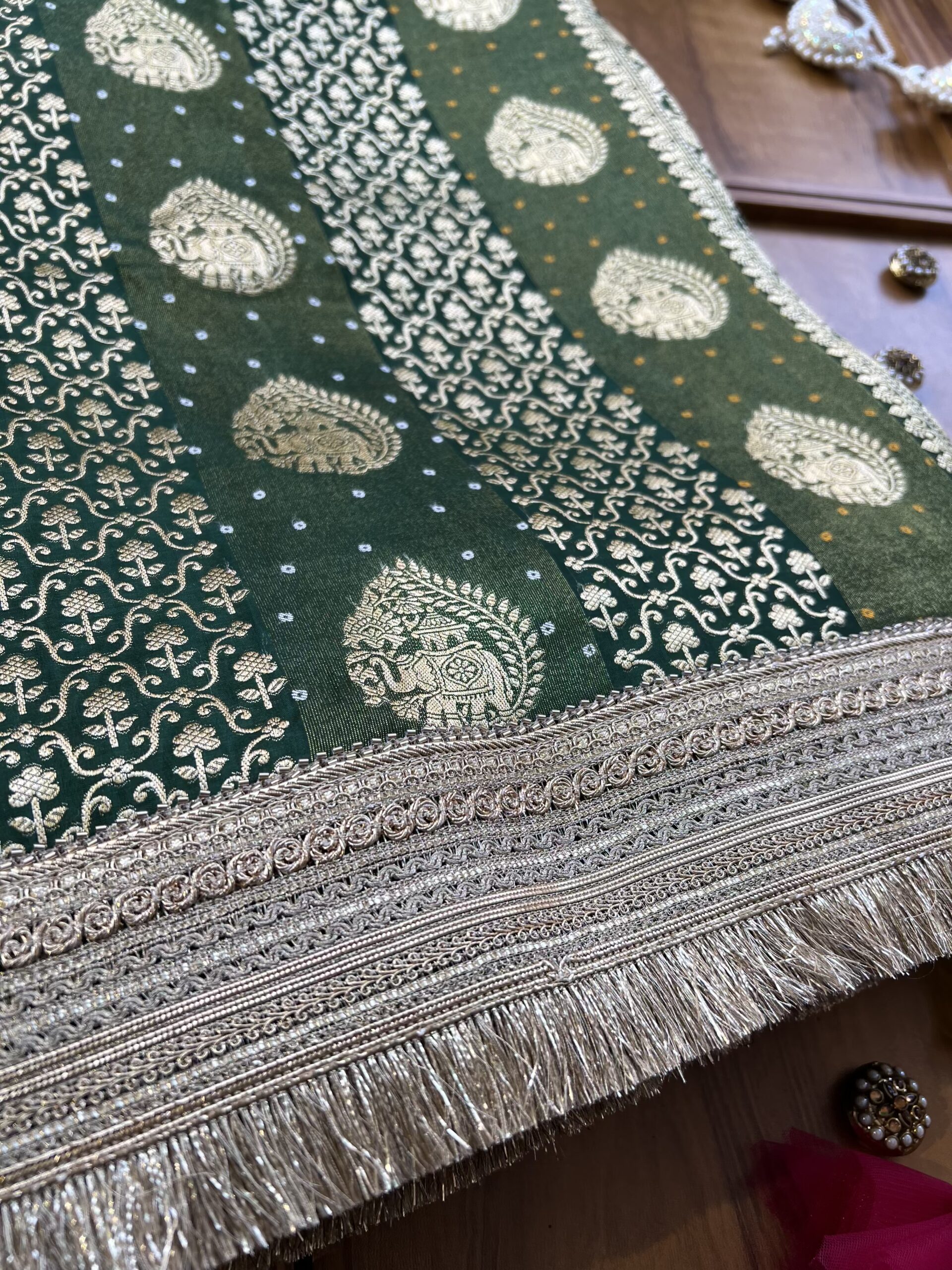 Green Ho Silk Saree with Maharani Lace Border - Image 2