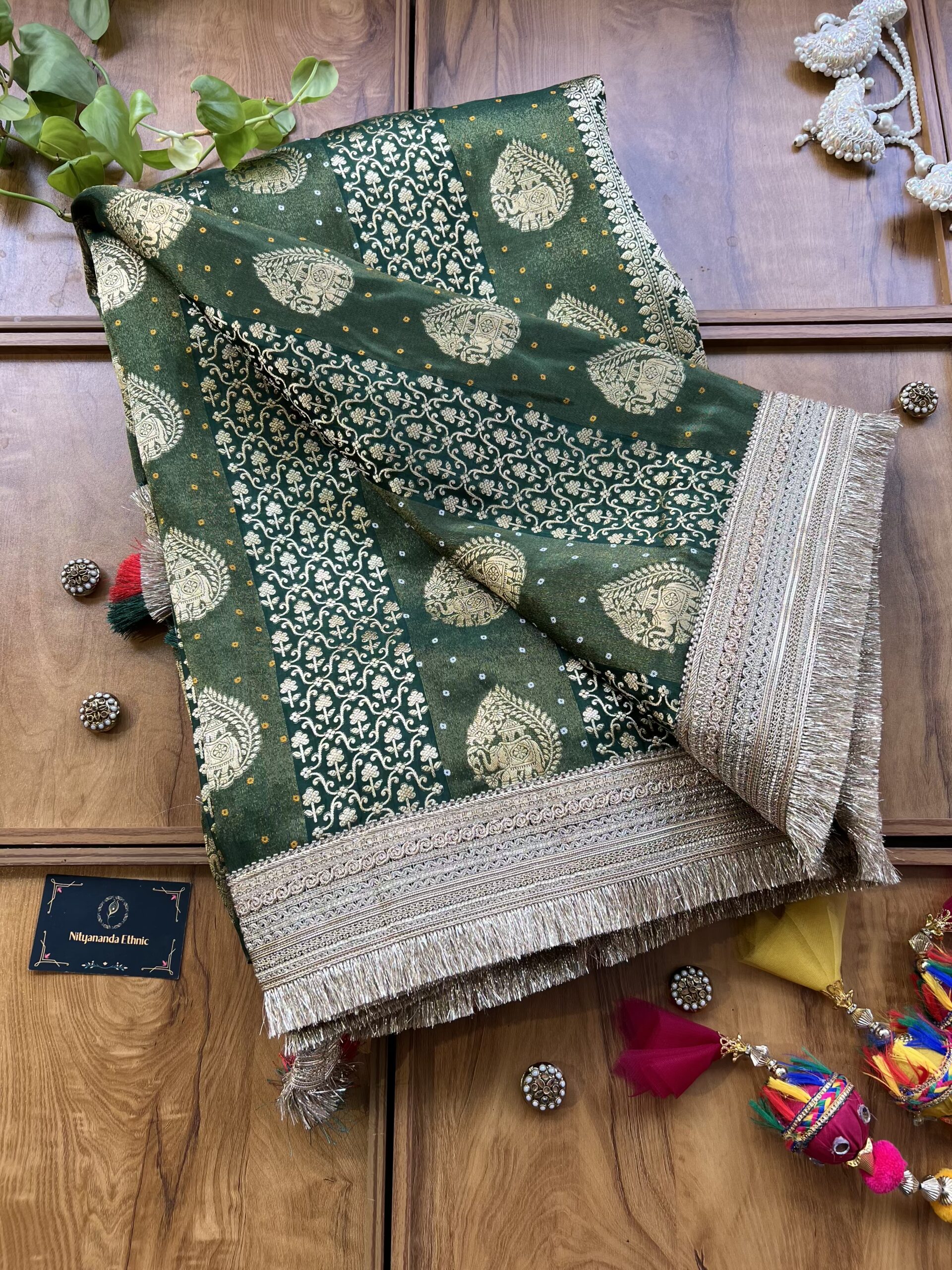 Green Ho Silk Saree with Maharani Lace Border - Image 3