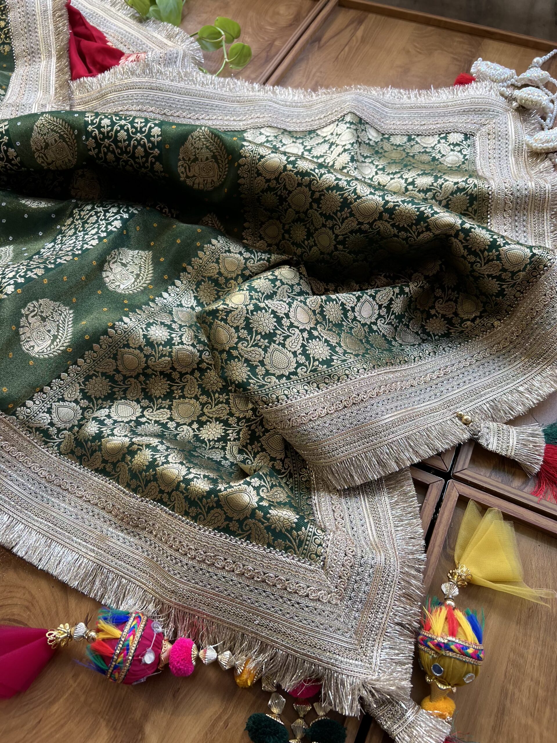 Green Ho Silk Saree with Maharani Lace Border - Image 5