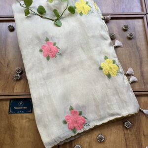 Ivory Cosmos Silk Saree with Multicolor Resham Flower Bootas