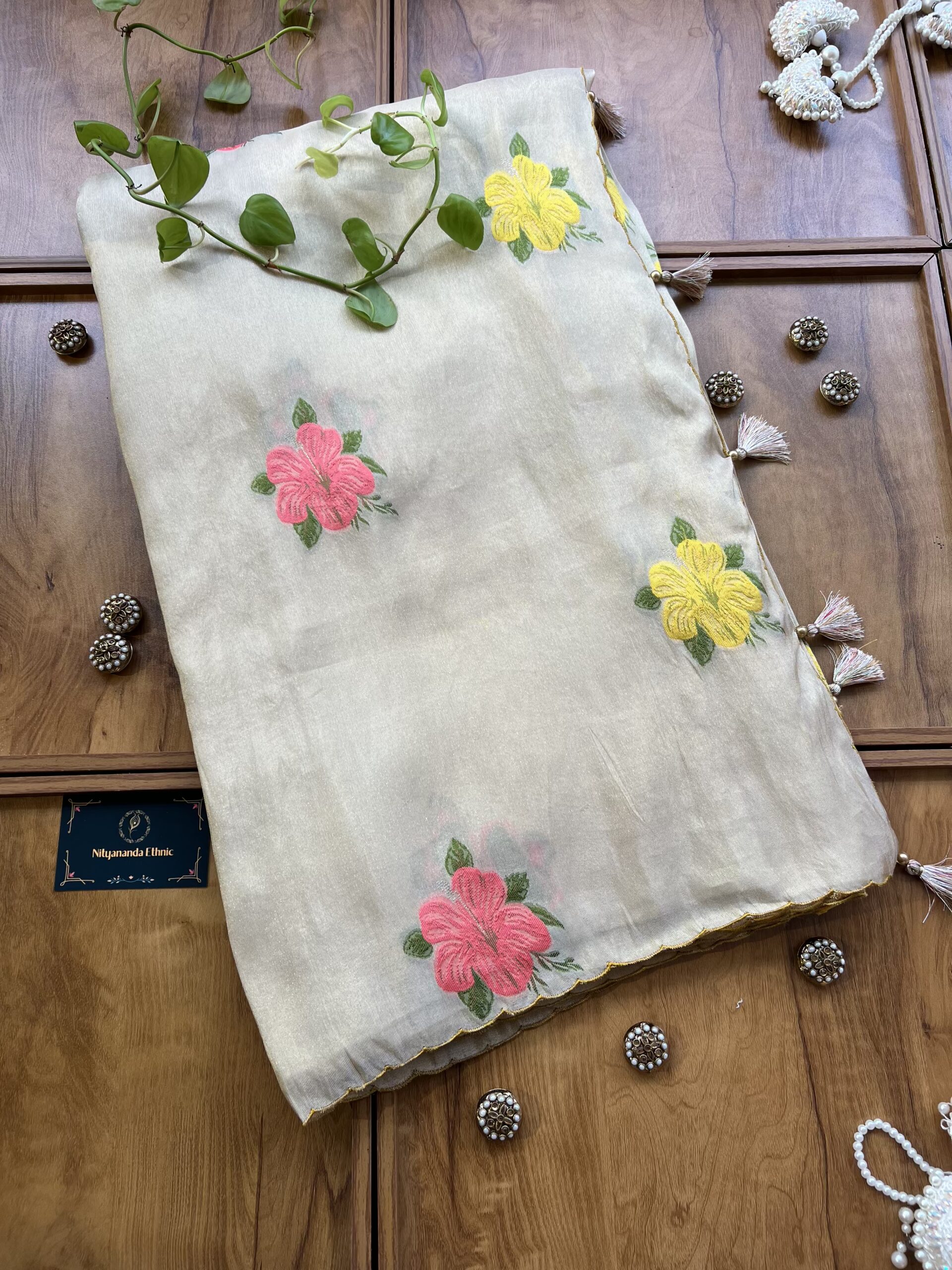 Ivory Cosmos Silk Saree with Multicolor Resham Flower Bootas