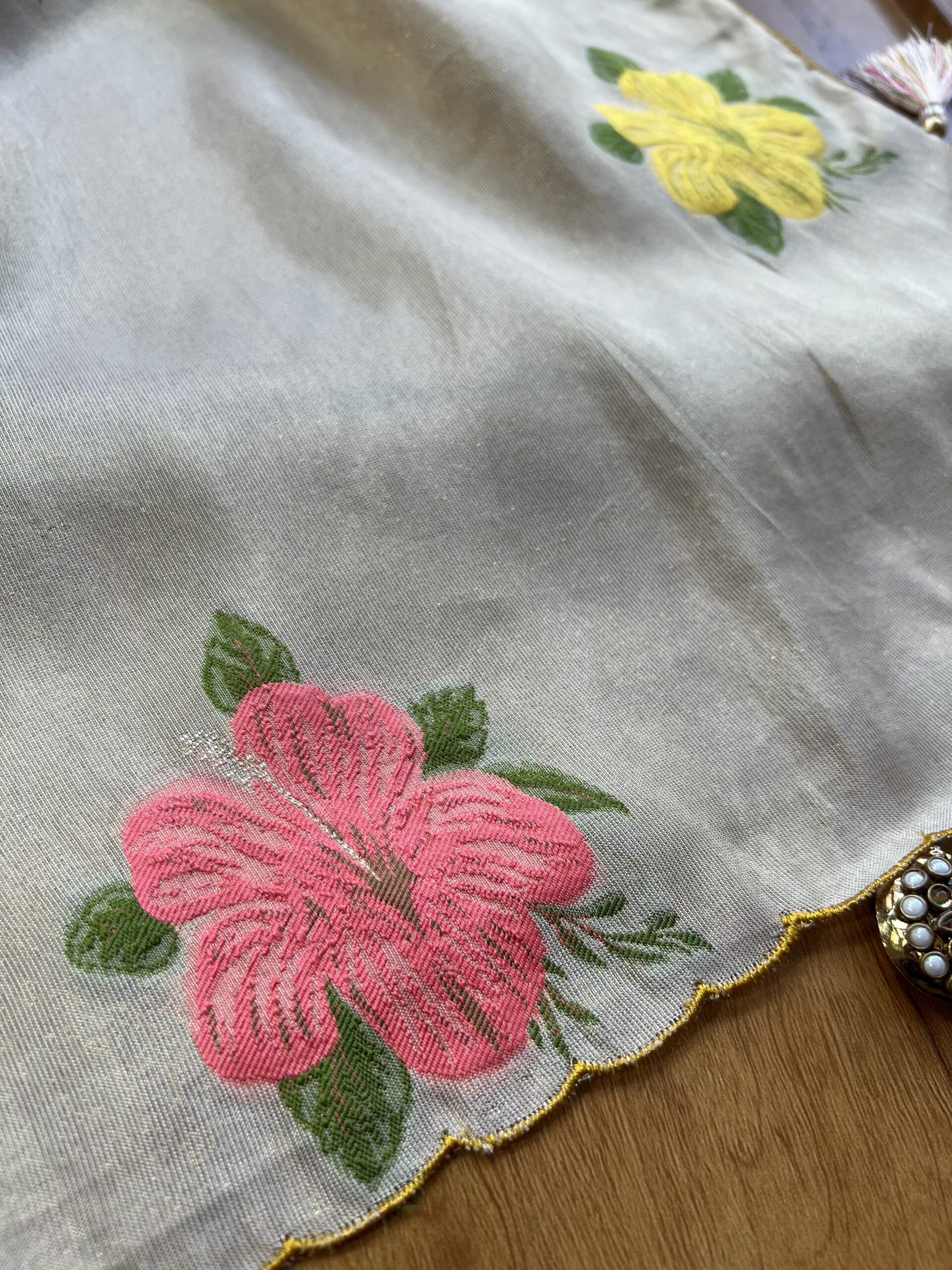Ivory Cosmos Silk Saree with Multicolor Resham Flower Bootas - Image 6