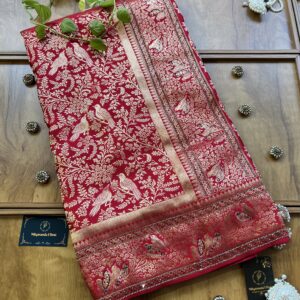 Red Satin Silk Khaddi Work Saree with Sparrow Artwork