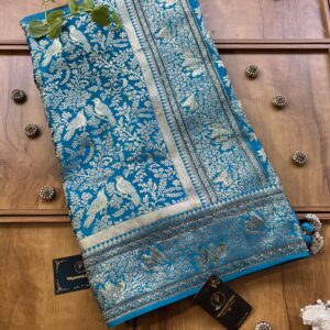 Firozi Satin Silk Khaddi Work Saree with Sparrow Artwork