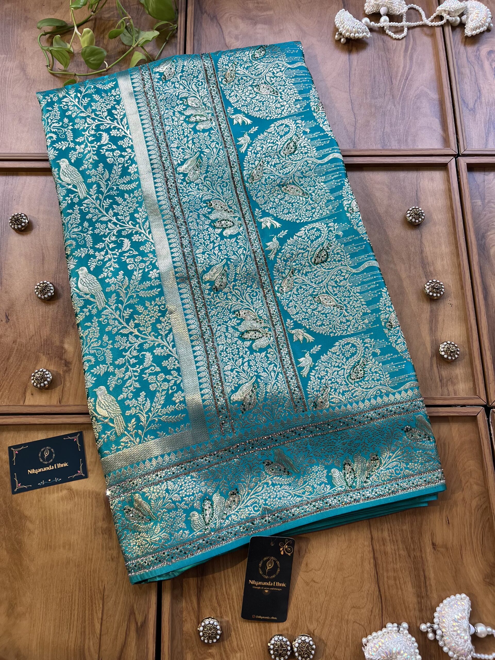 Sea Green Satin Silk Khaddi Work Saree with Sparrow Artwork