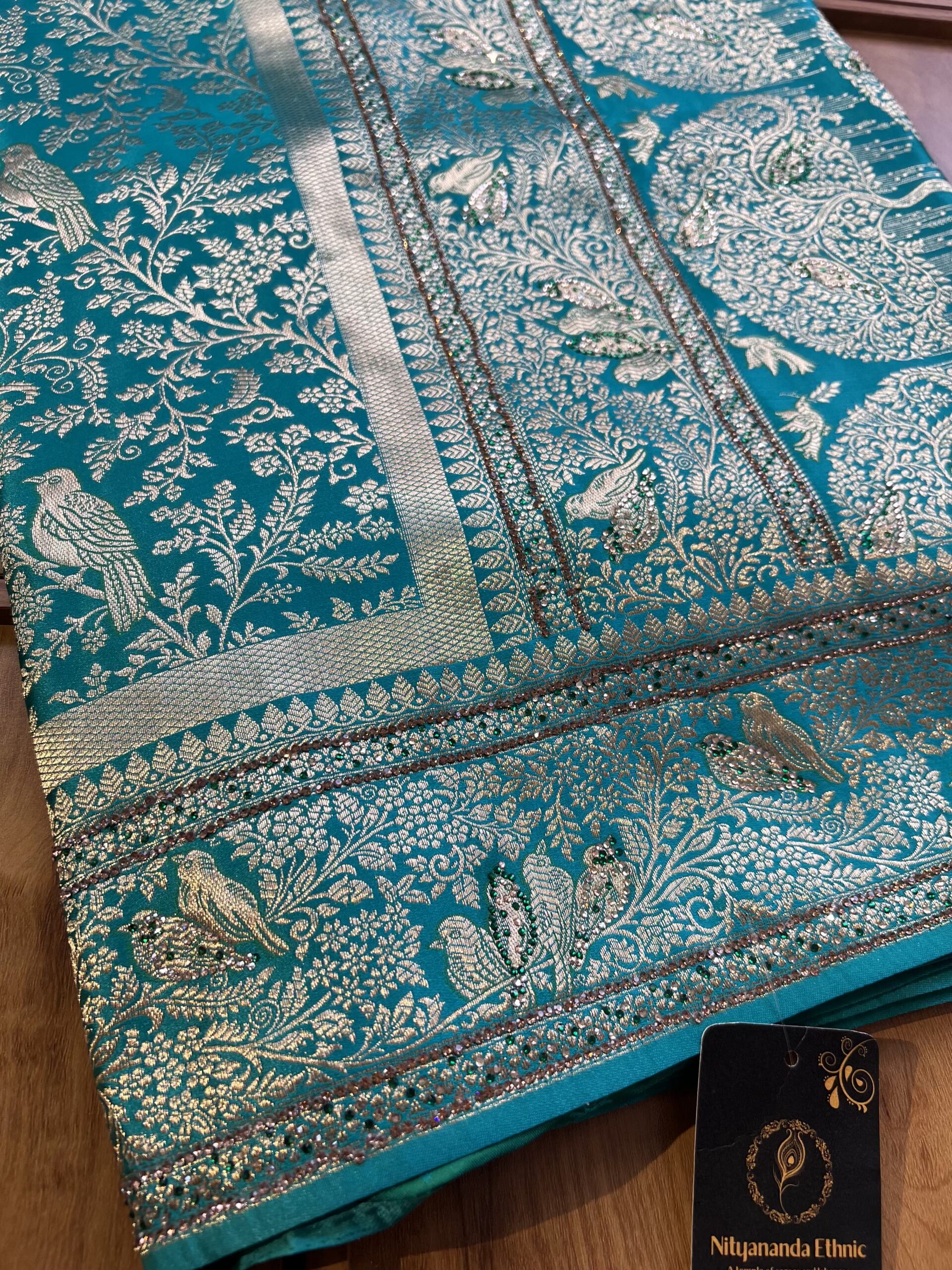 Sea Green Satin Silk Khaddi Work Saree with Sparrow Artwork - Image 2