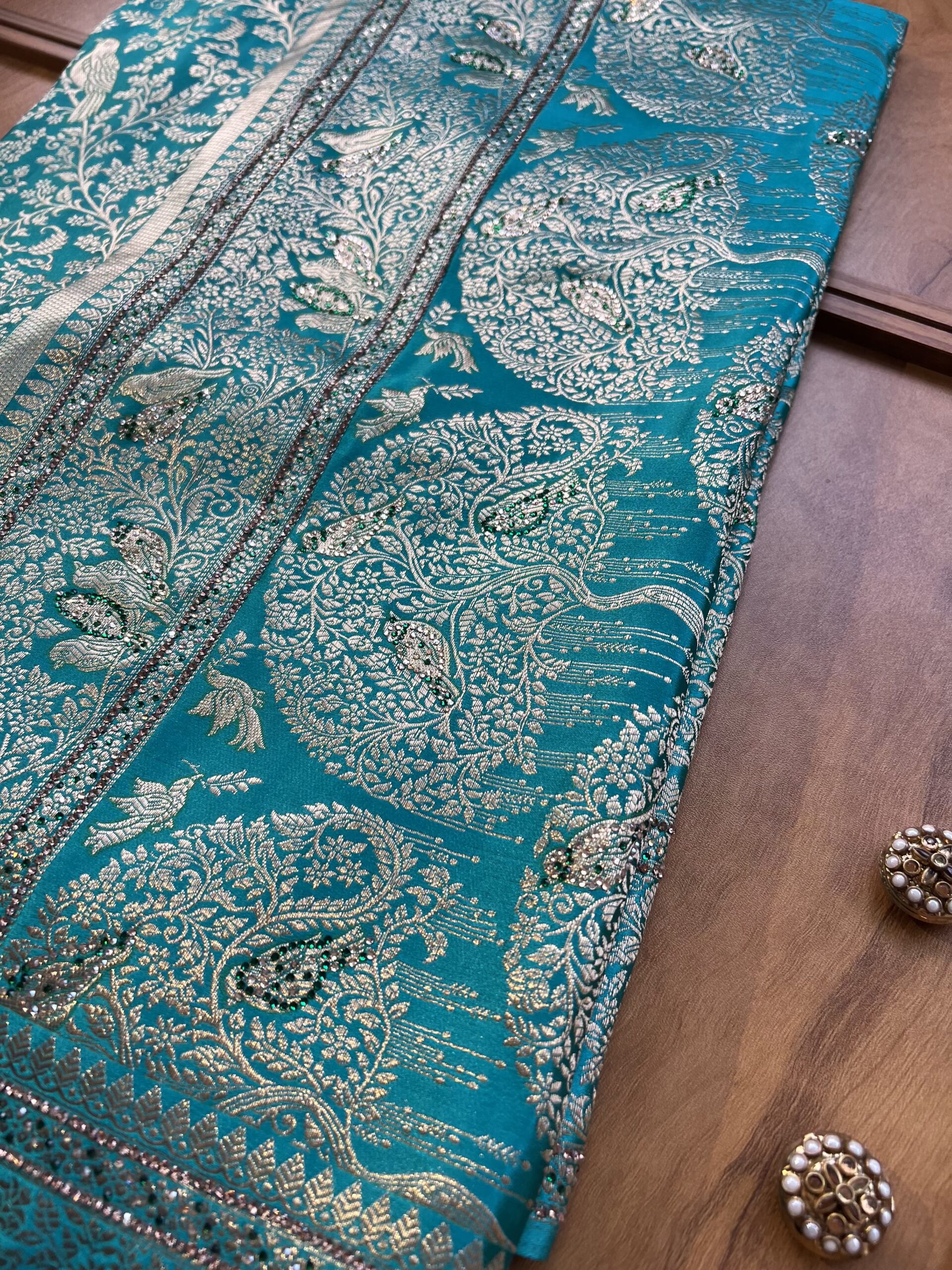 Sea Green Satin Silk Khaddi Work Saree with Sparrow Artwork - Image 3