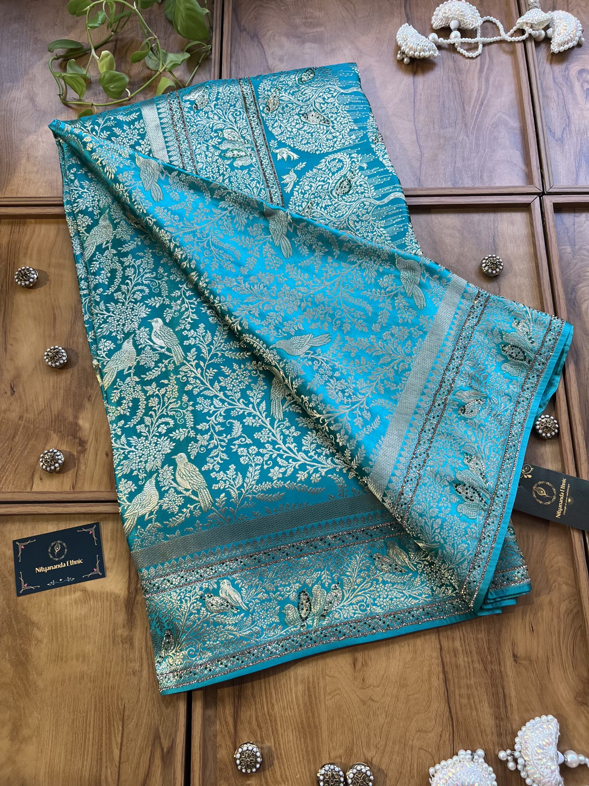 Sea Green Satin Silk Khaddi Work Saree with Sparrow Artwork - Image 4