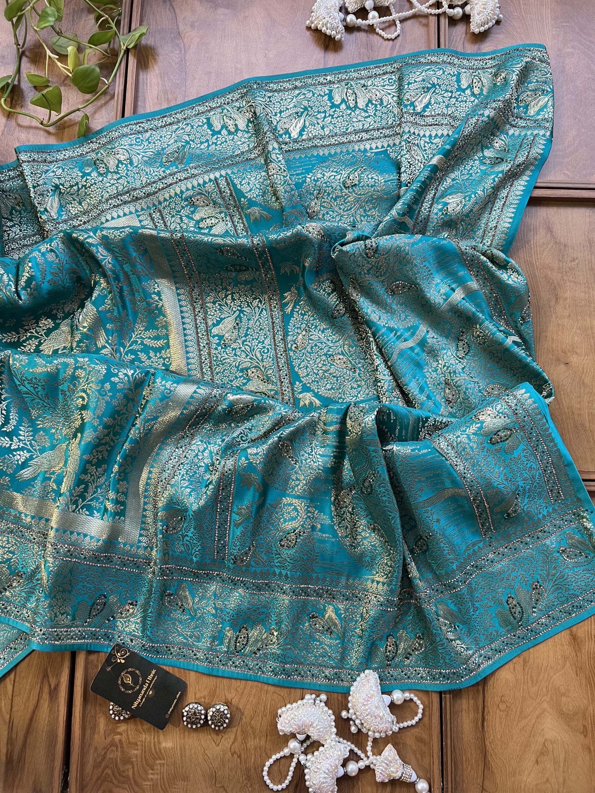 Sea Green Satin Silk Khaddi Work Saree with Sparrow Artwork - Image 5