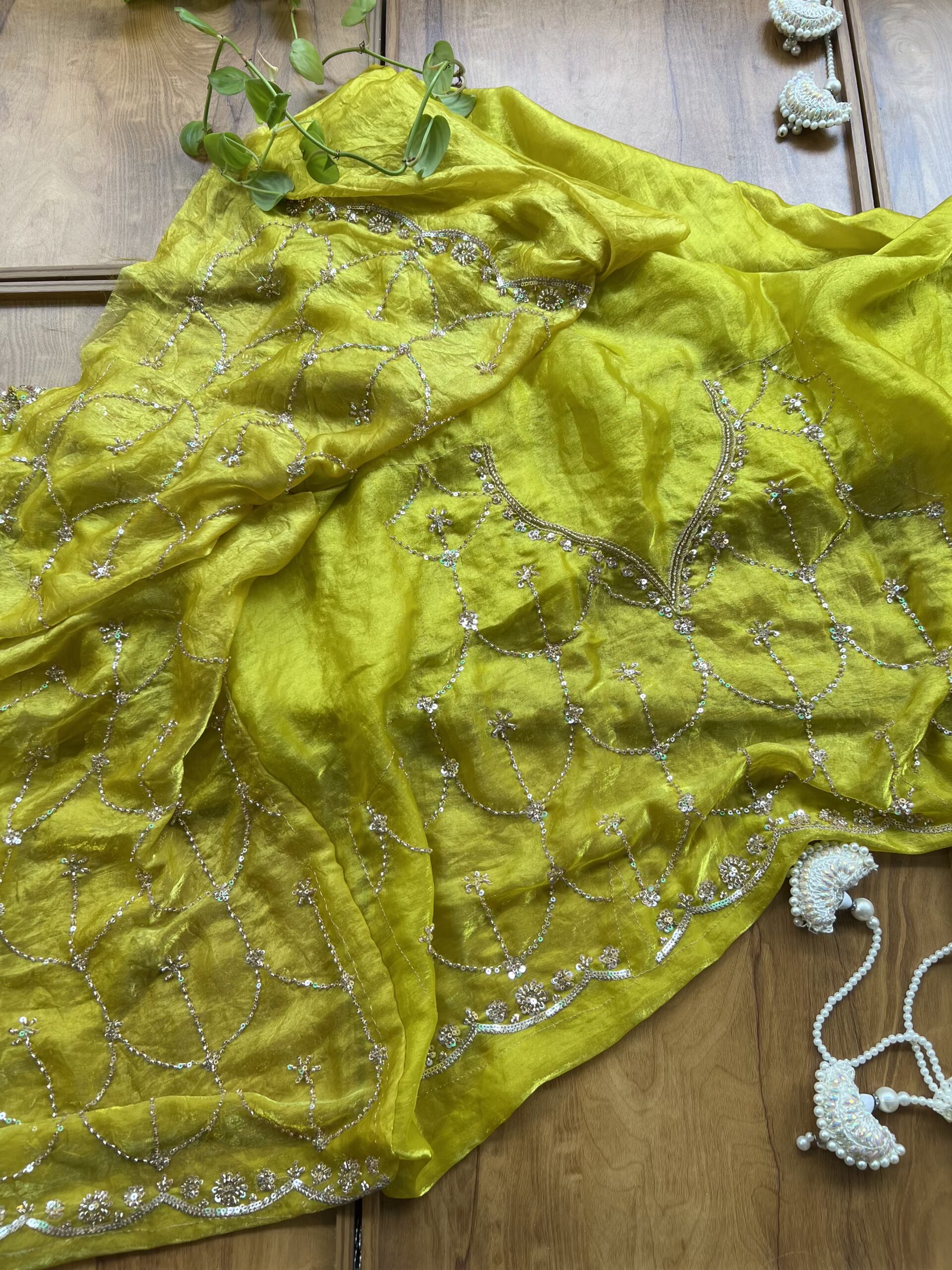 Lime Yellow Fendi Silk Handcrafted Kundan Jaal Saree - Image 5