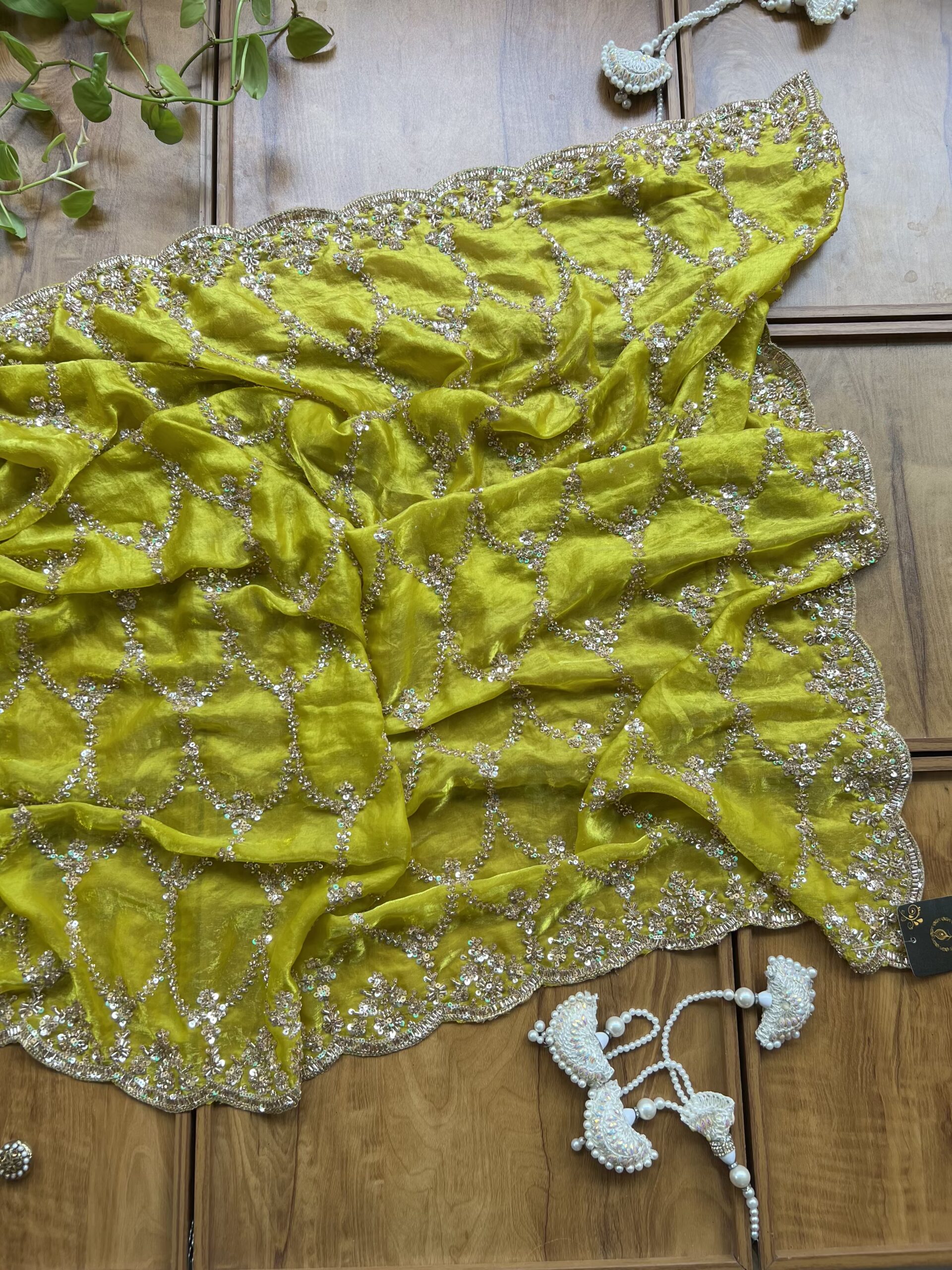 Lime Yellow Fendi Silk Handcrafted Kundan Jaal Saree - Image 4