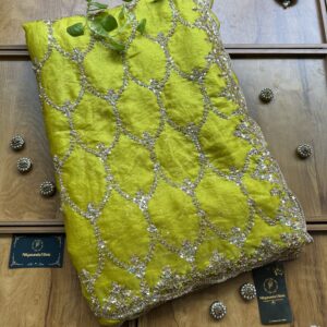 Lime Yellow Fendi Silk Handcrafted Kundan Jaal Saree