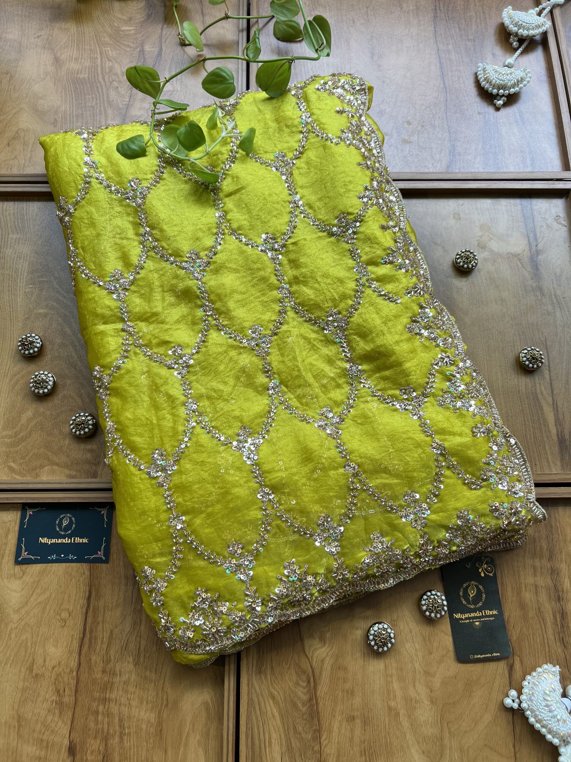 Lime Yellow Fendi Silk Handcrafted Kundan Jaal Saree