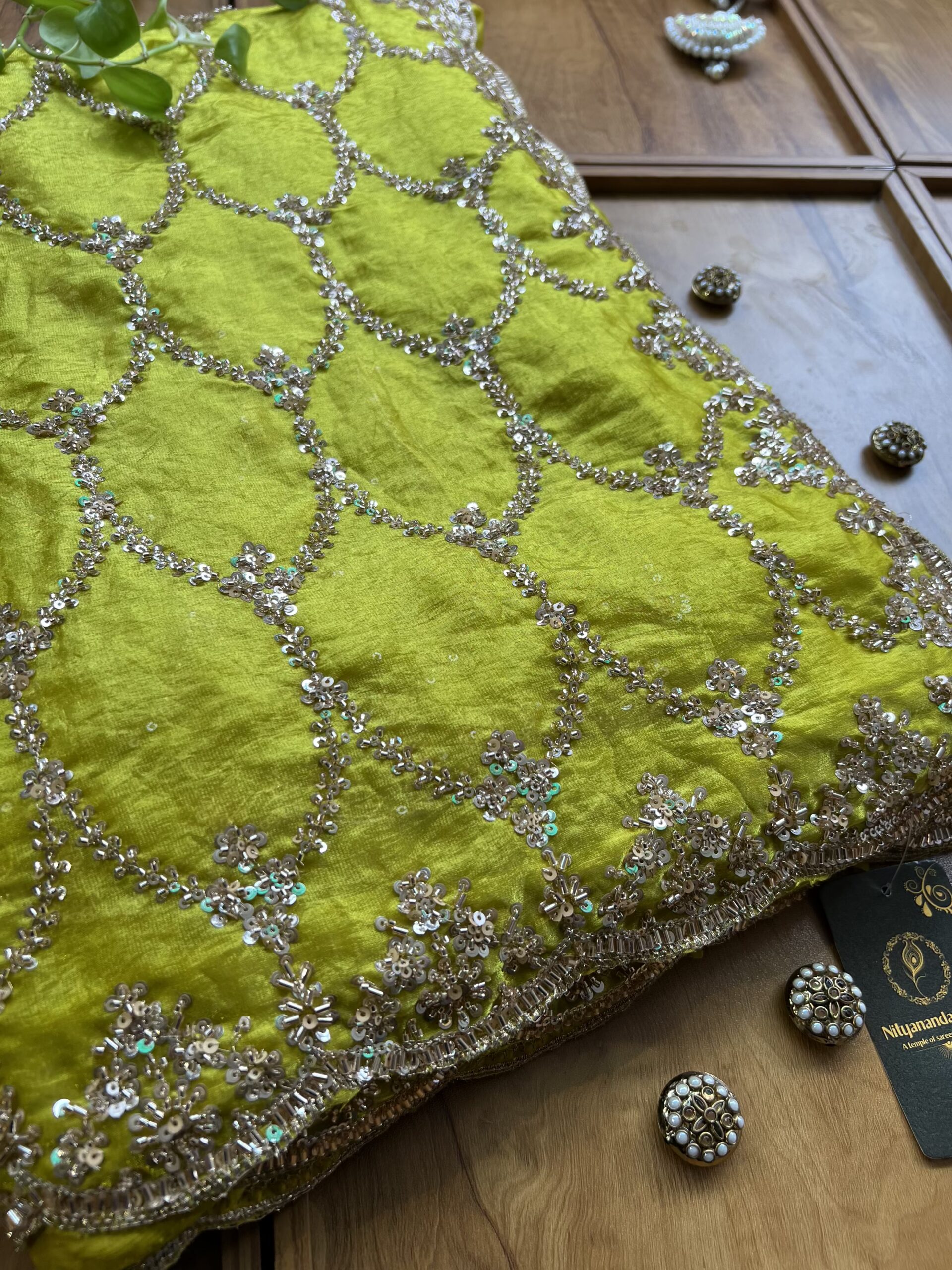 Lime Yellow Fendi Silk Handcrafted Kundan Jaal Saree - Image 2