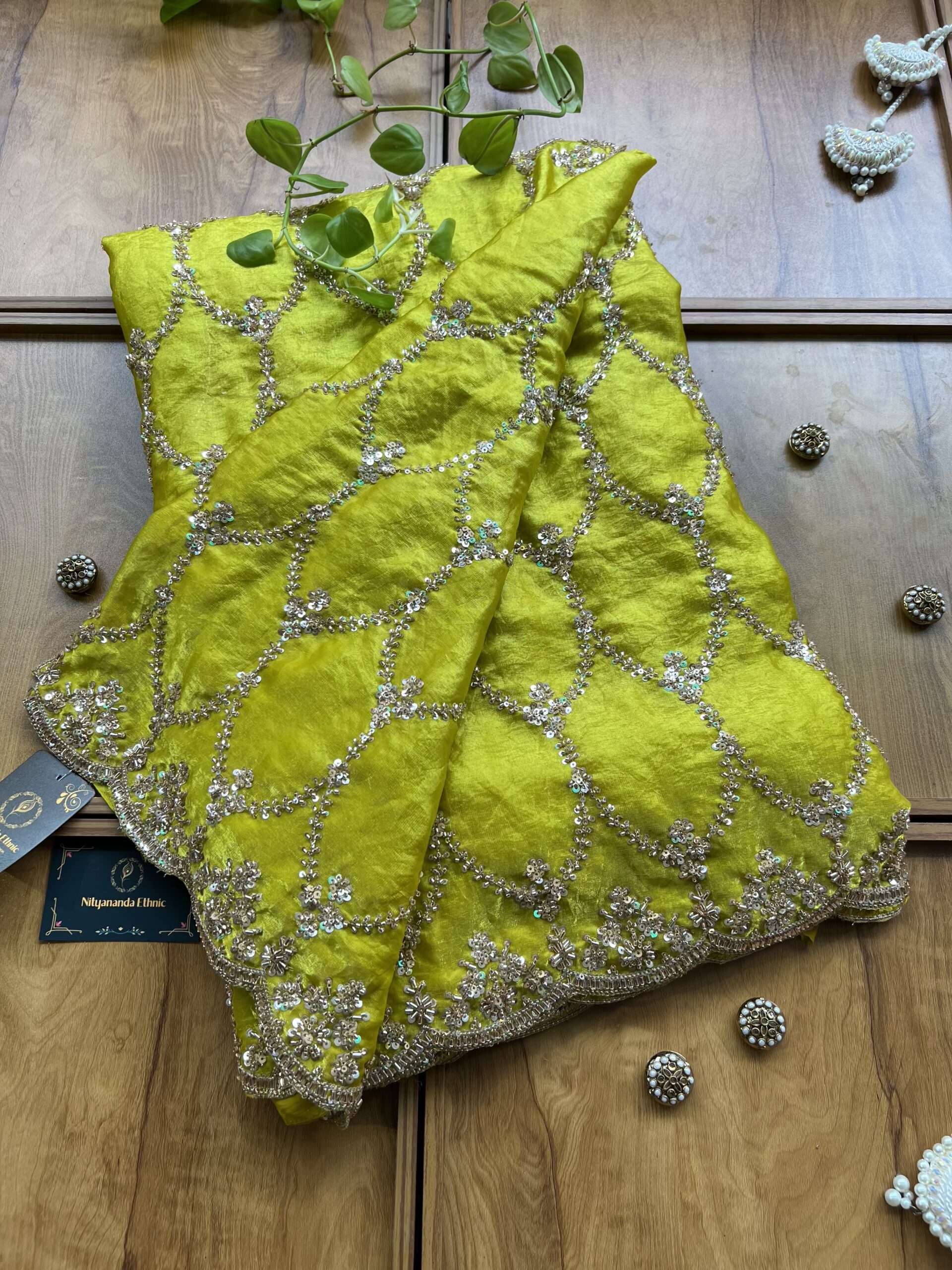 Lime Yellow Fendi Silk Handcrafted Kundan Jaal Saree - Image 3
