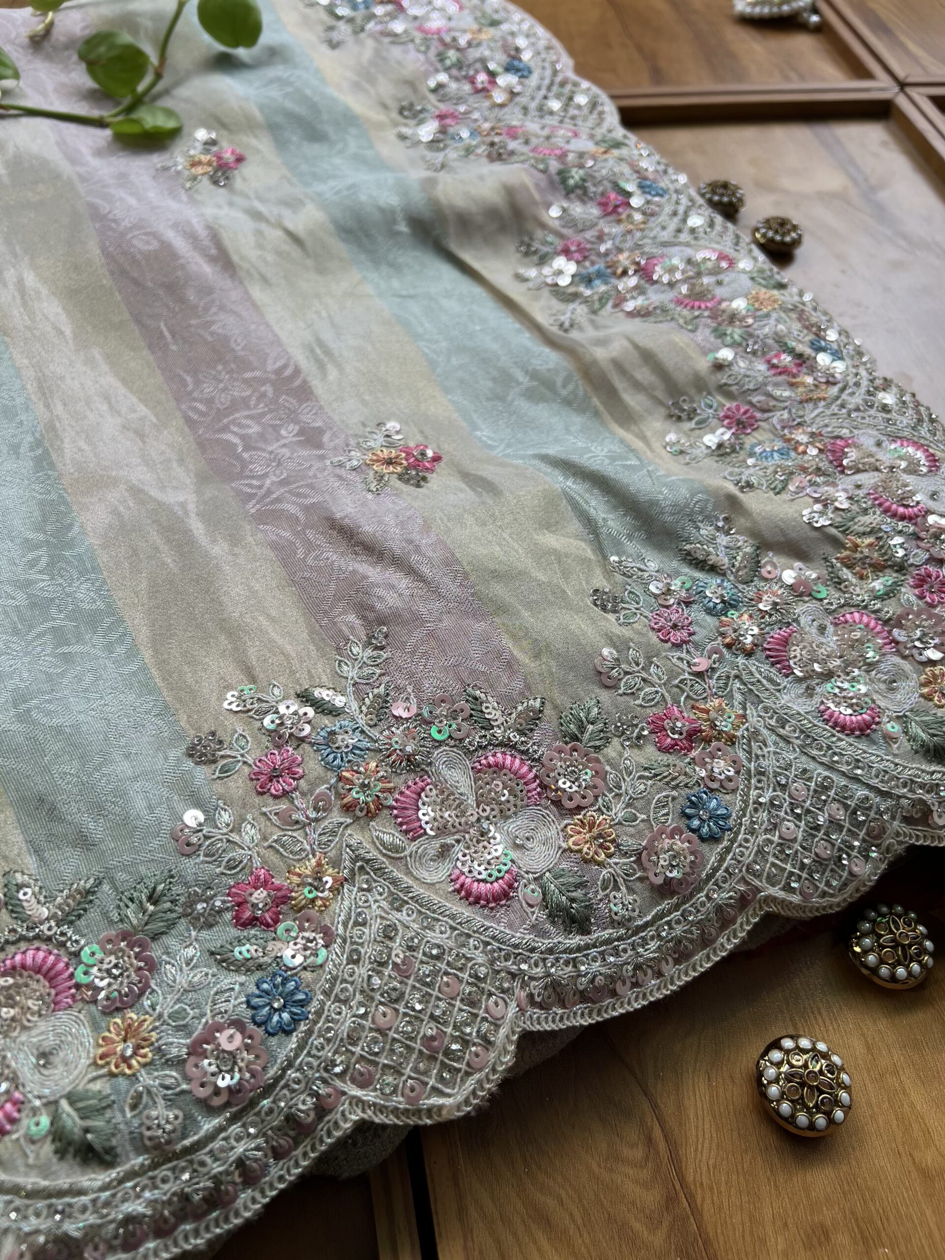 Ivory Multicolour Pastel Cosmos Self Design Saree with Heavy Embroidered Border - Image 2