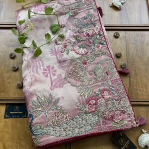Gold Pink Cosmos Self Partywear Peacock Saree