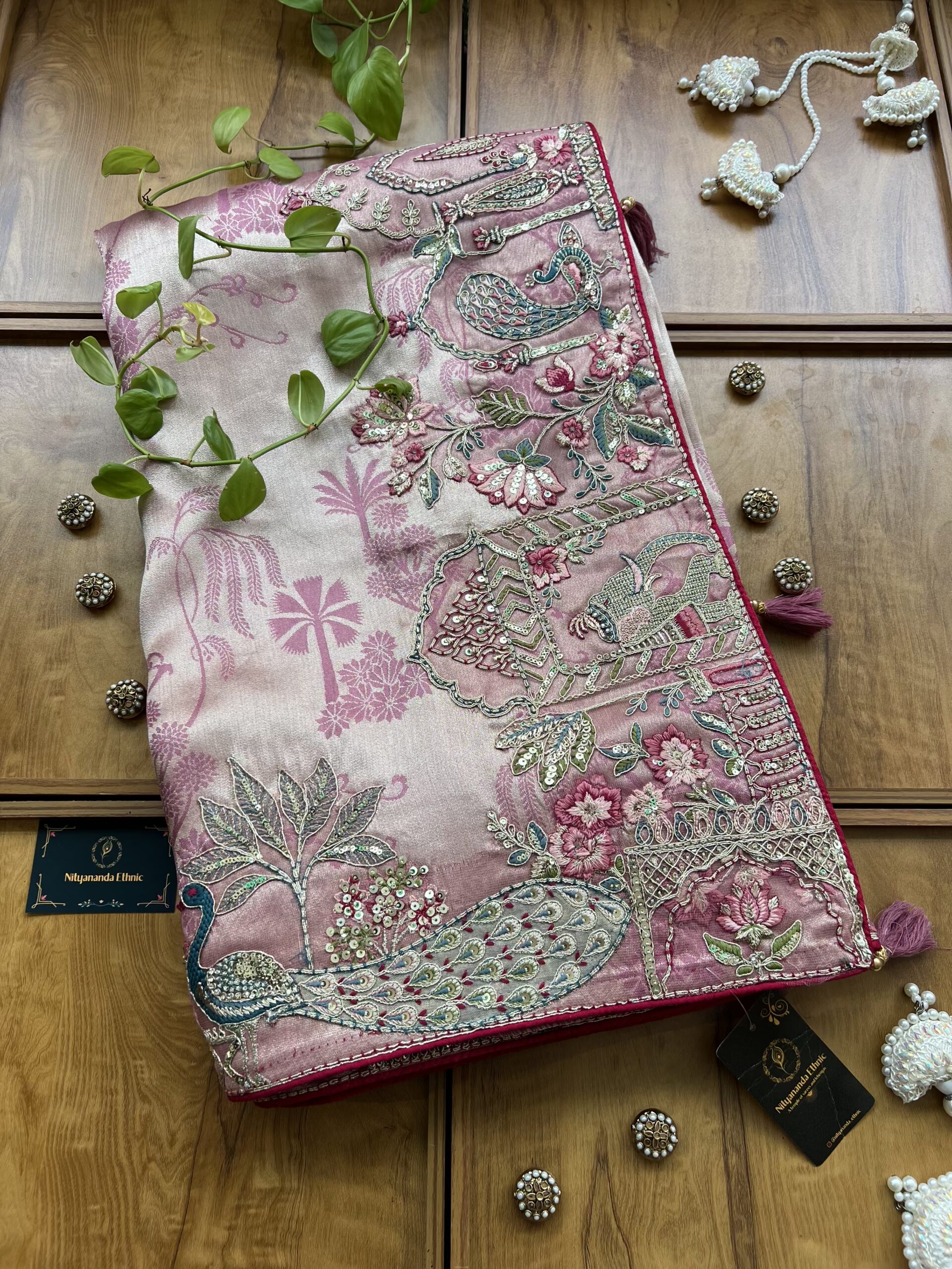 Gold Pink Cosmos Self Partywear Peacock Saree