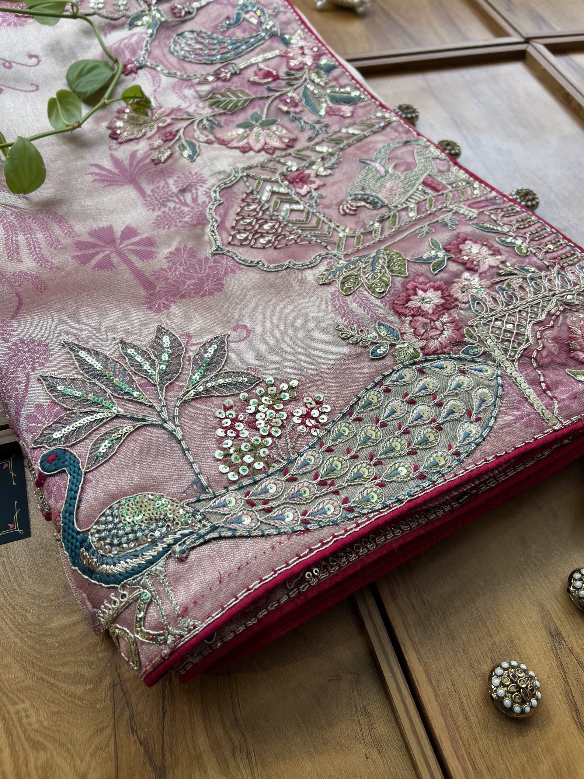 Gold Pink Cosmos Self Partywear Peacock Saree - Image 2