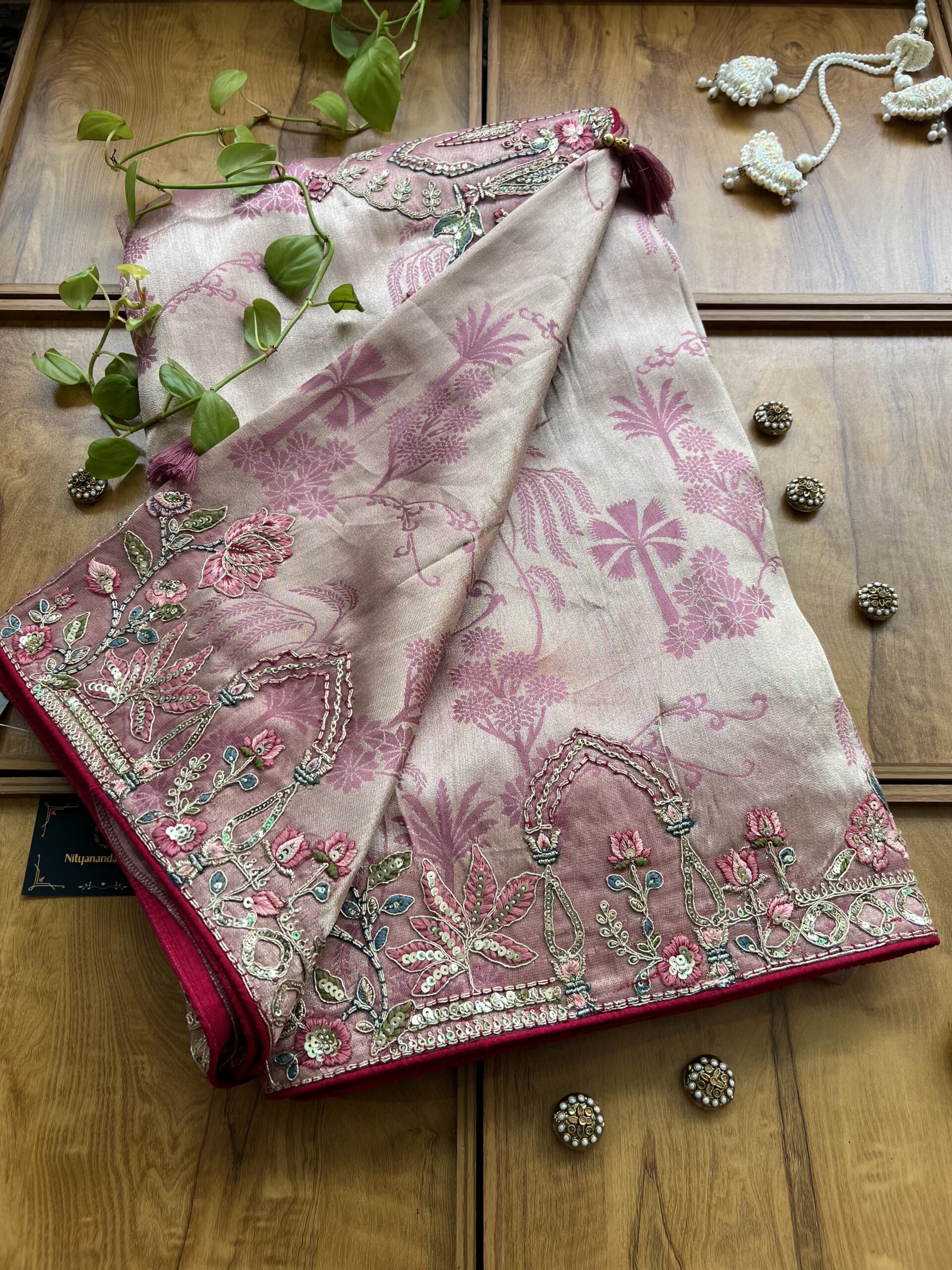 Gold Pink Cosmos Self Partywear Peacock Saree - Image 3