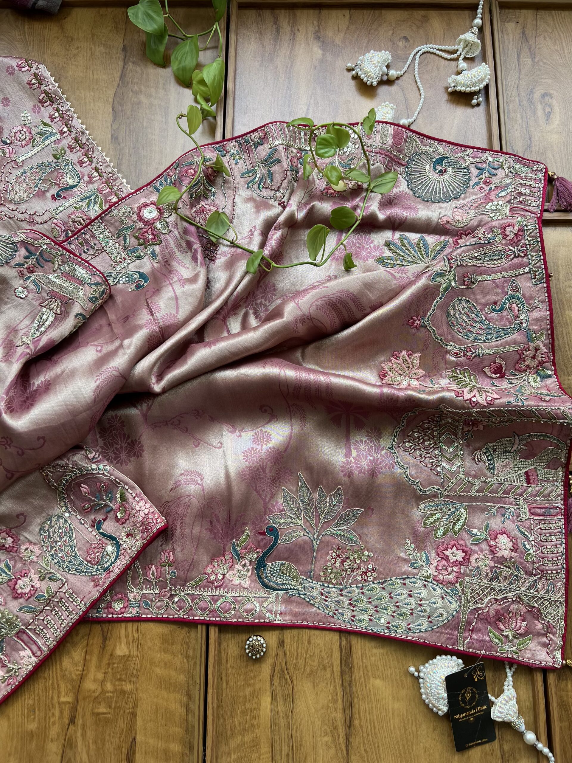 Gold Pink Cosmos Self Partywear Peacock Saree - Image 4