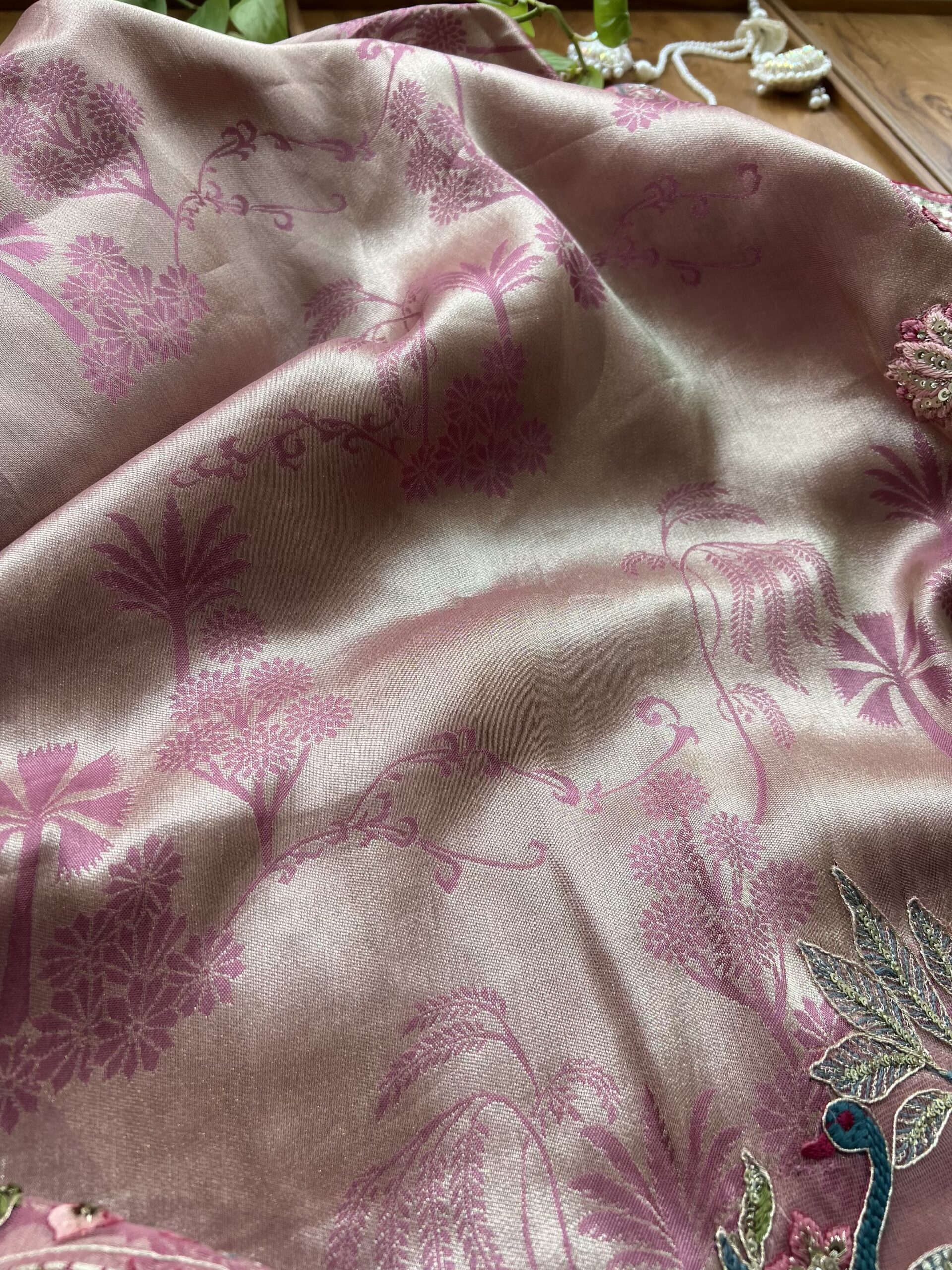 Gold Pink Cosmos Self Partywear Peacock Saree - Image 5
