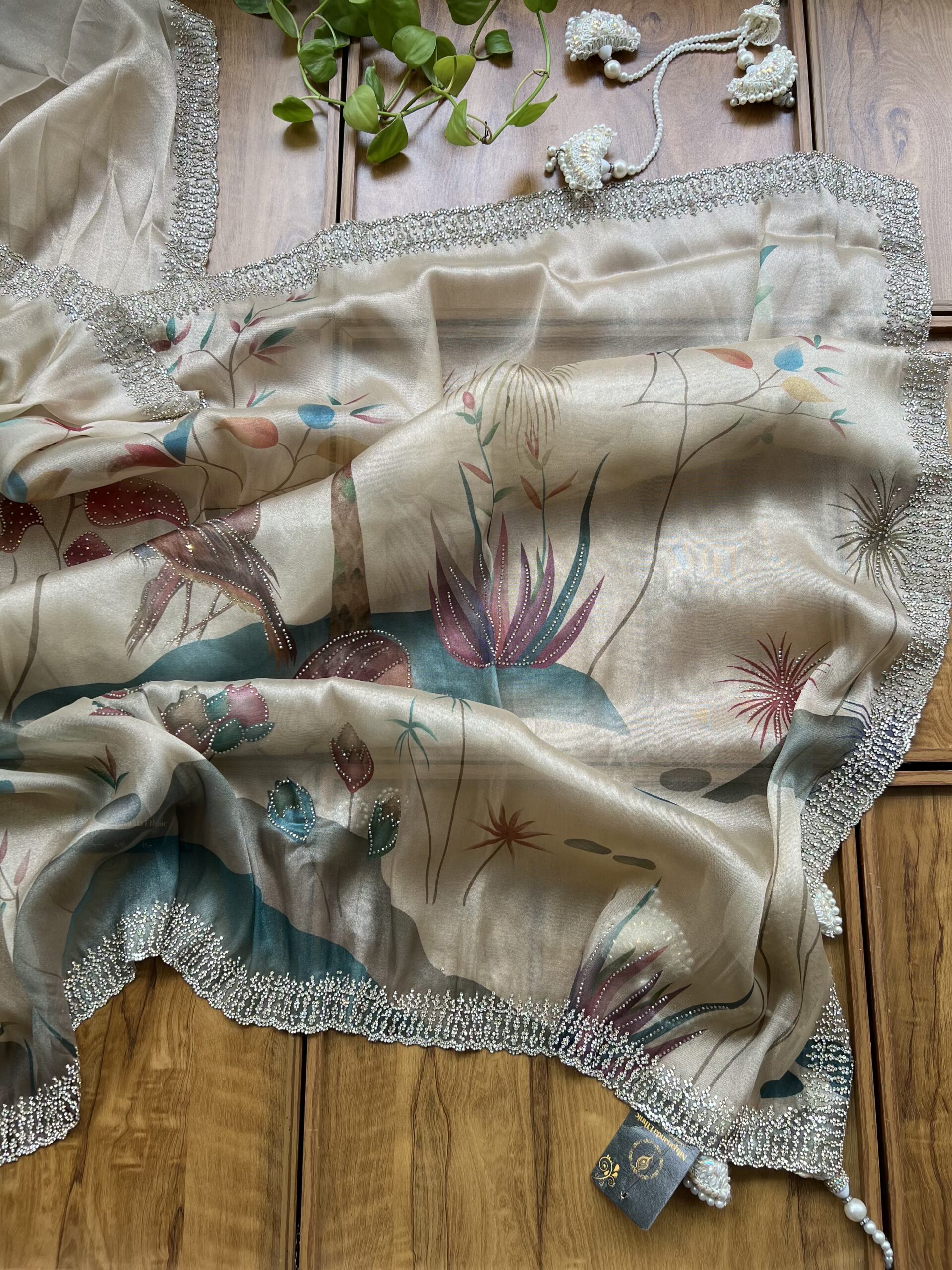 Beige Gold Tissue Organza Saree with Scenic Landscape Artwork - Image 4