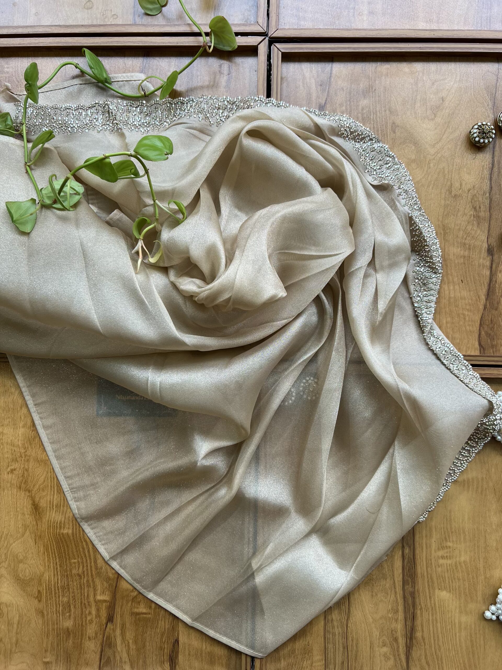 Beige Gold Tissue Organza Saree with Scenic Landscape Artwork - Image 5