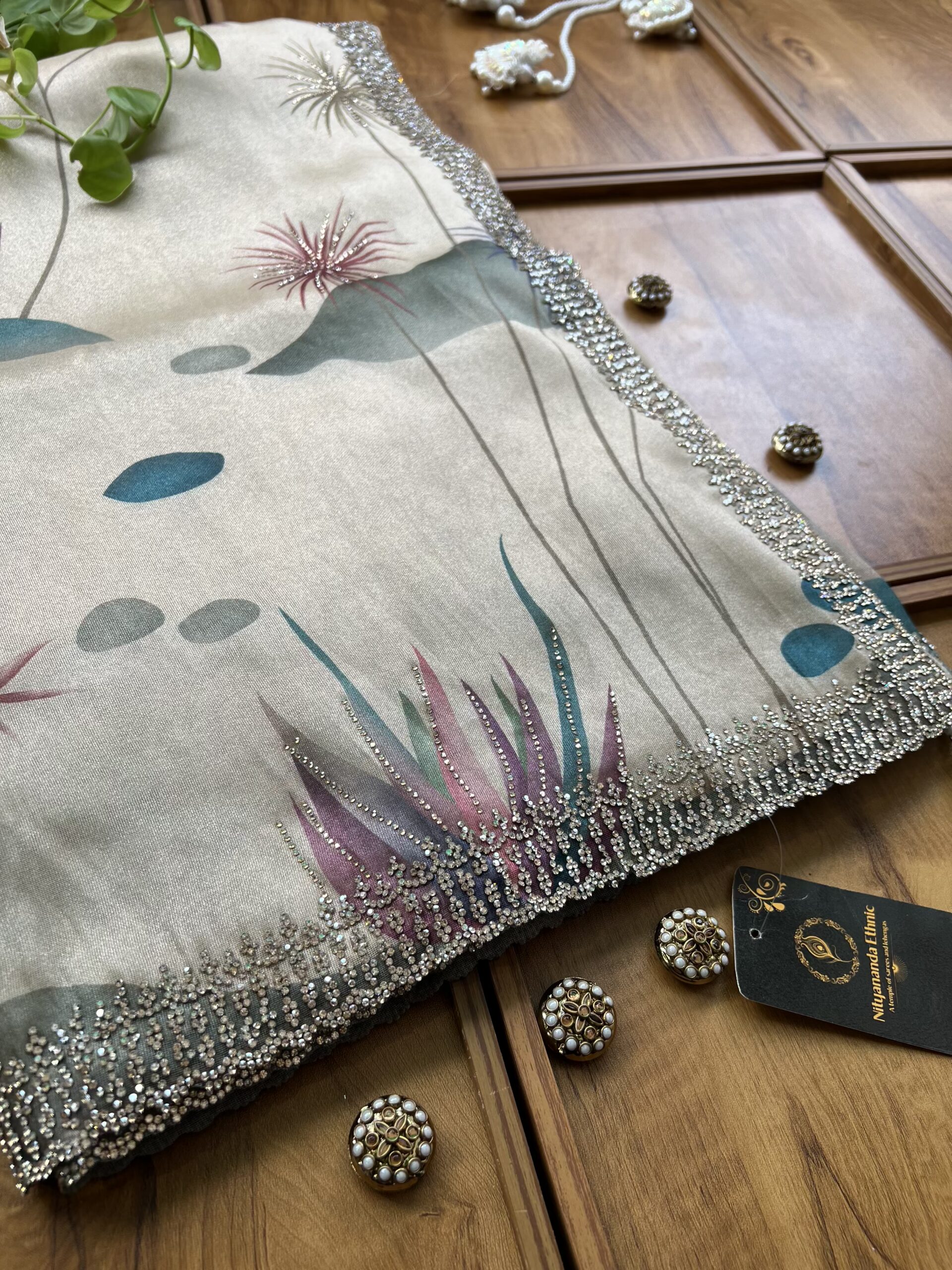Beige Gold Tissue Organza Saree with Scenic Landscape Artwork - Image 2