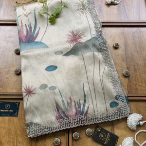 Beige Gold Tissue Organza Saree with Scenic Landscape Artwork