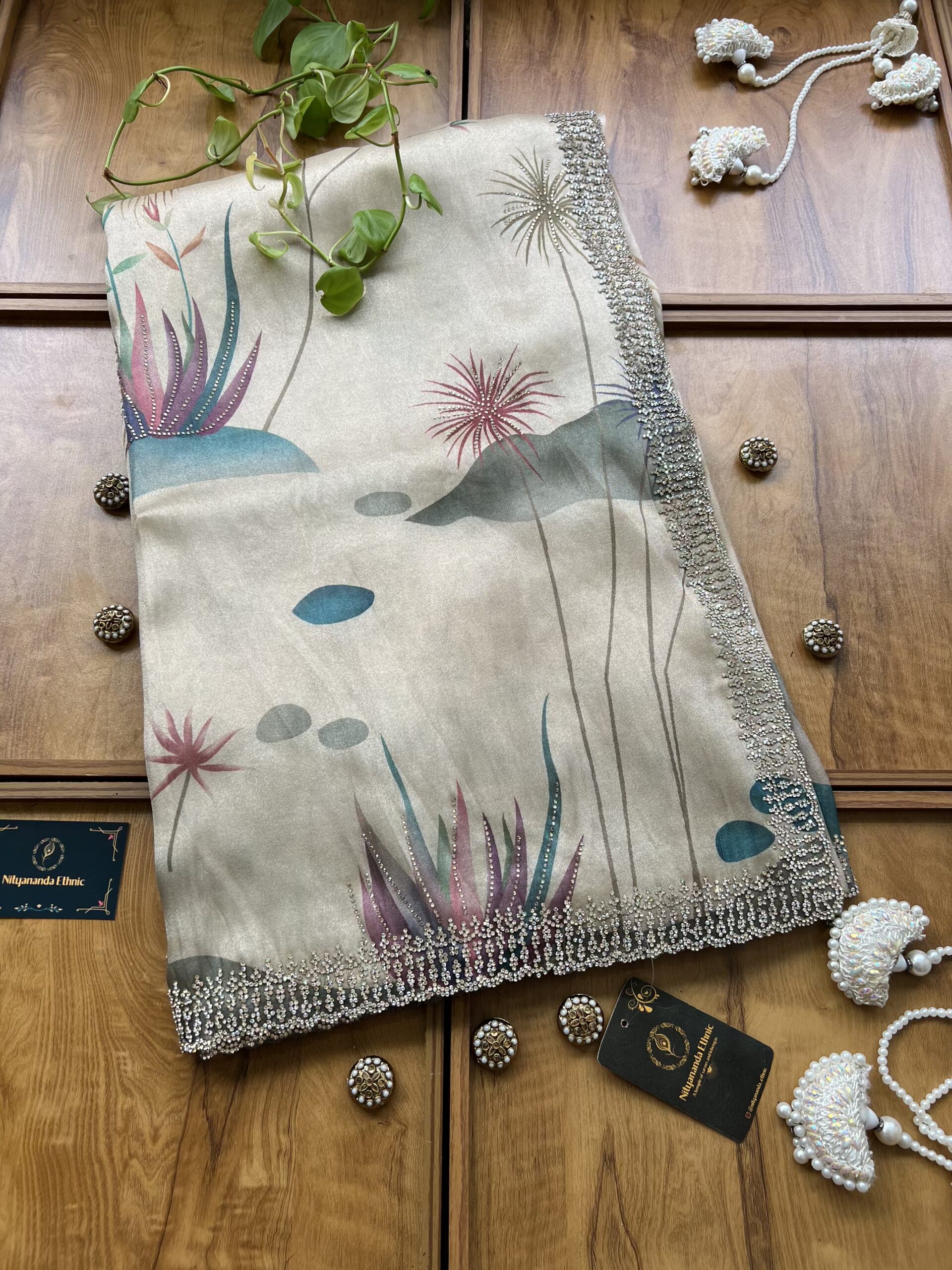Beige Gold Tissue Organza Saree with Scenic Landscape Artwork