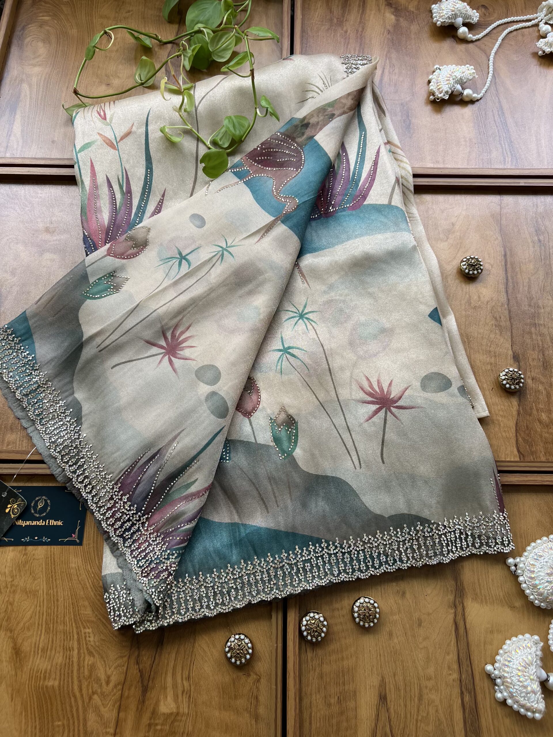Beige Gold Tissue Organza Saree with Scenic Landscape Artwork - Image 3