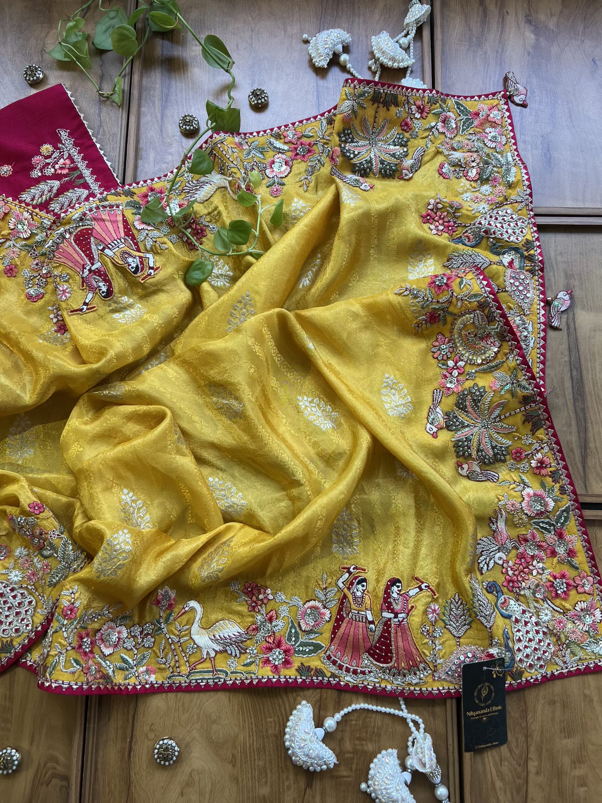 Mustard Yellow Cosmos Silk Saree with 3D Village Artwork Border - Image 4