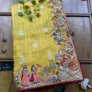 Mustard Yellow Cosmos Silk Saree with 3D Village Artwork Border