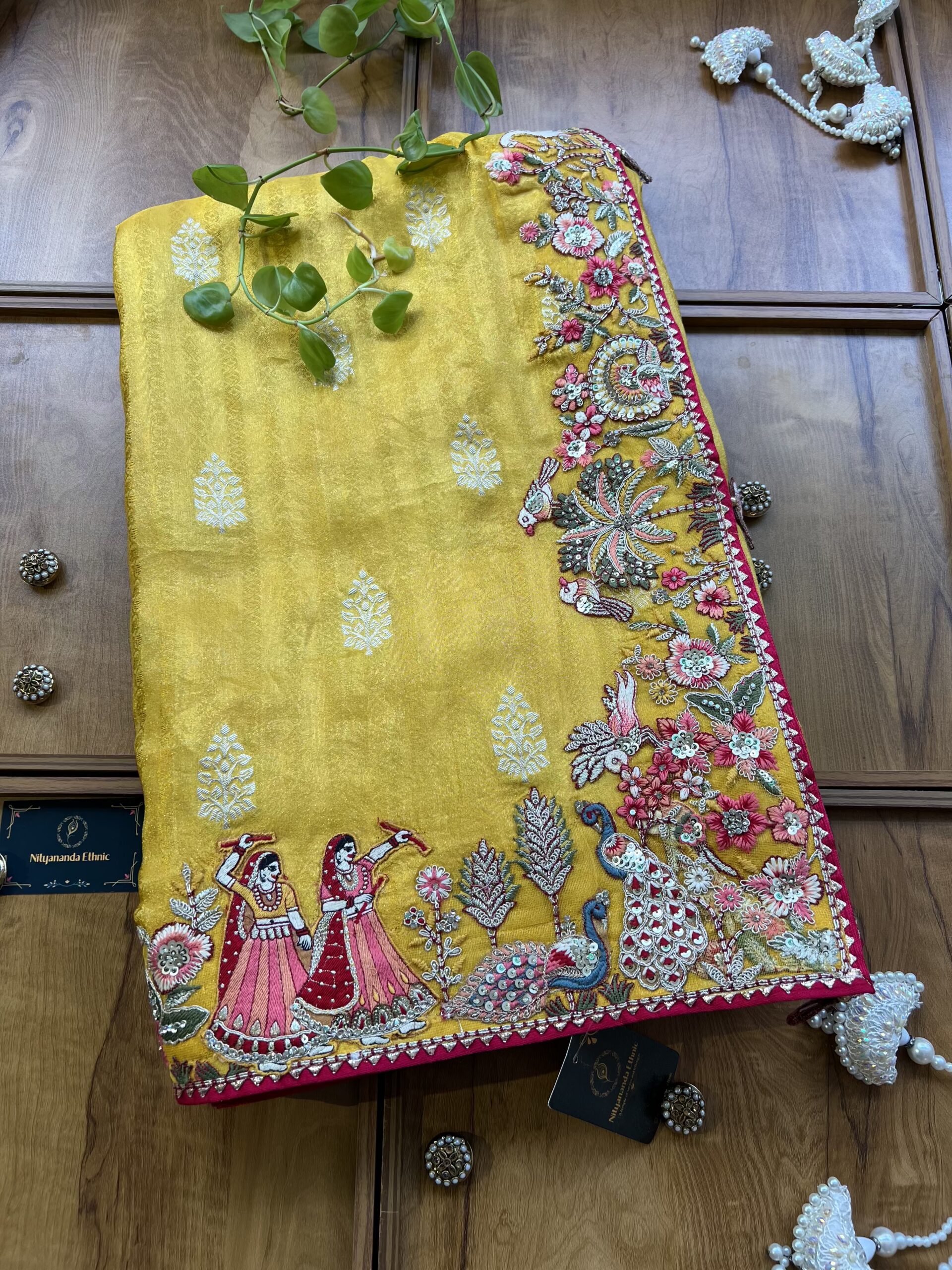 Mustard Yellow Cosmos Silk Saree with 3D Village Artwork Border