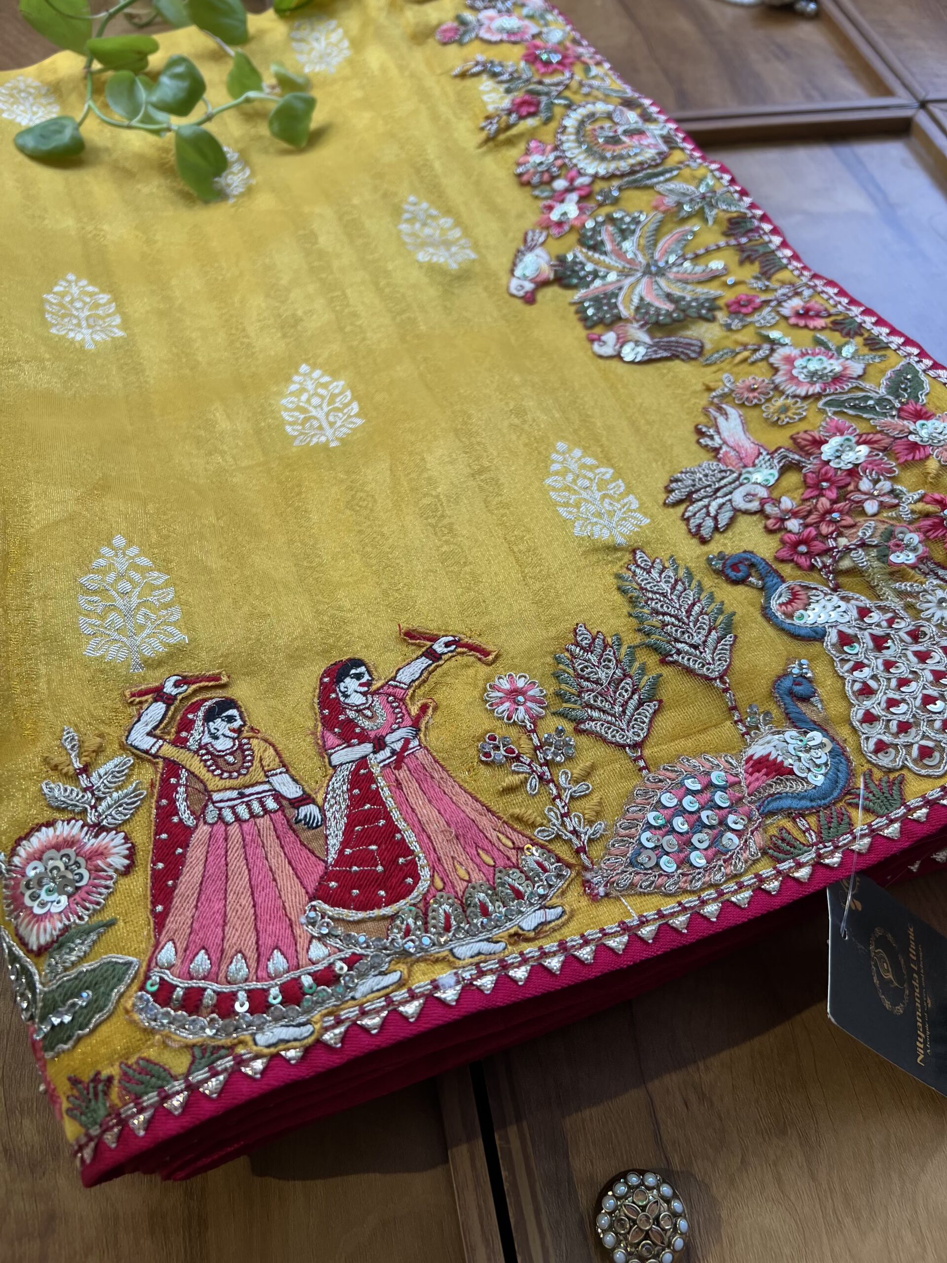 Mustard Yellow Cosmos Silk Saree with 3D Village Artwork Border - Image 2