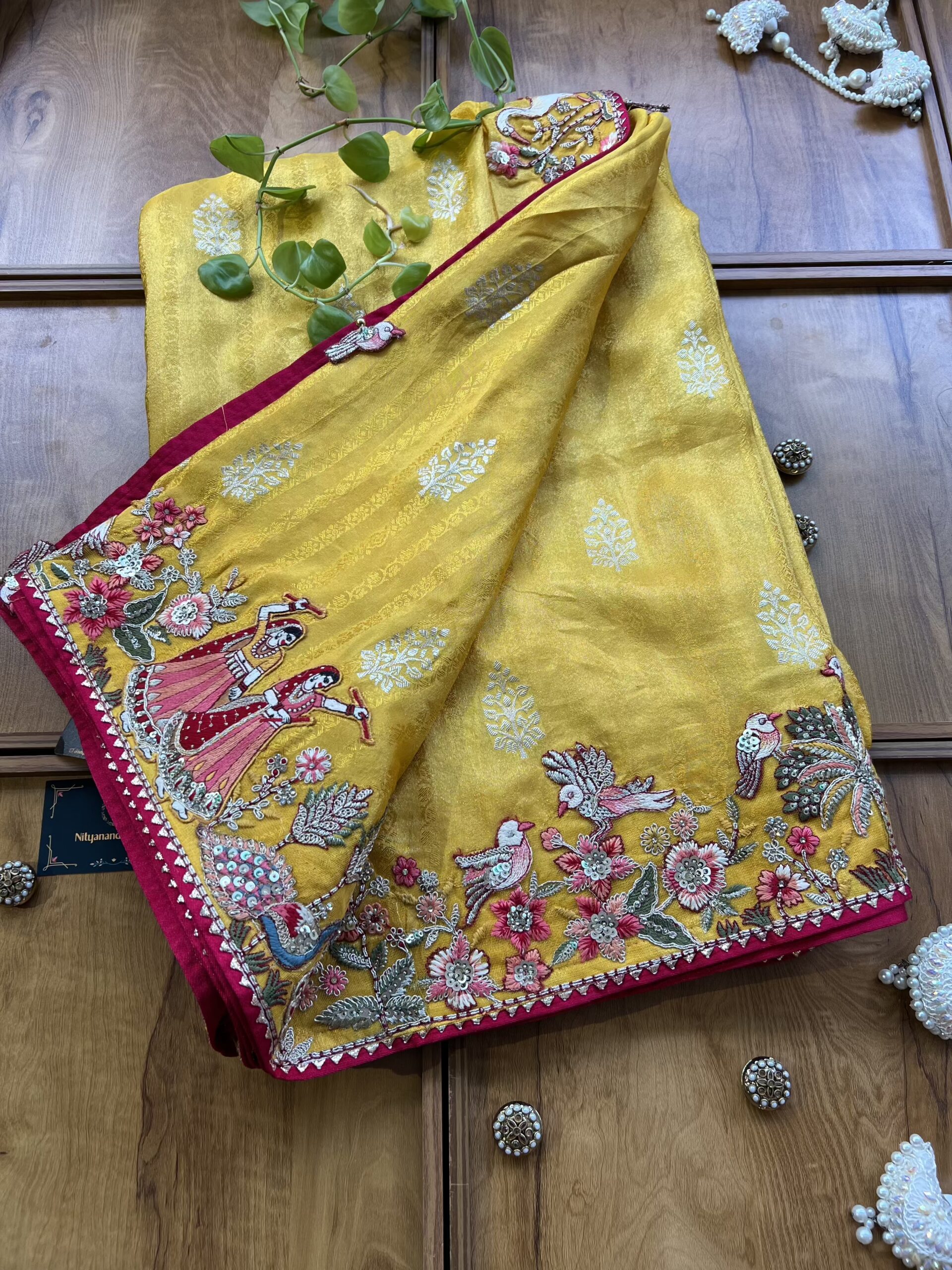 Mustard Yellow Cosmos Silk Saree with 3D Village Artwork Border - Image 3