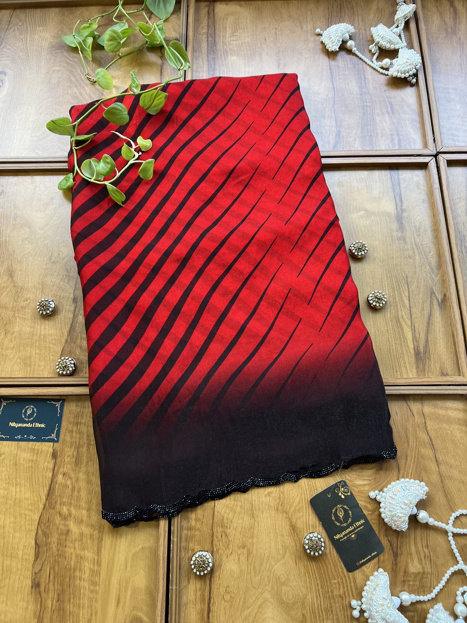 Red Black Leheriya Fendi Silk Saree with Stone Border - Image 2