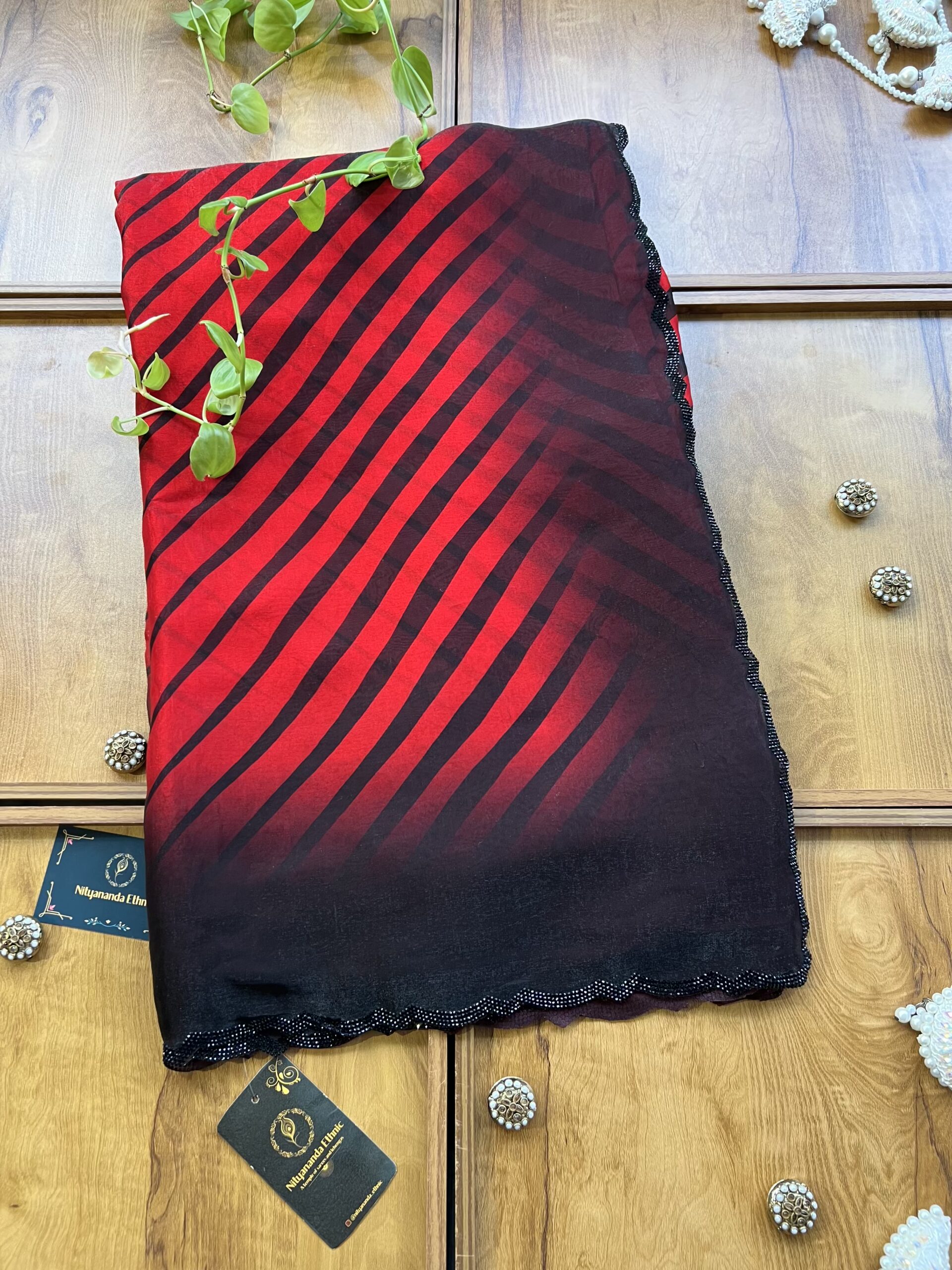 Red Black Leheriya Fendi Silk Saree with Stone Border