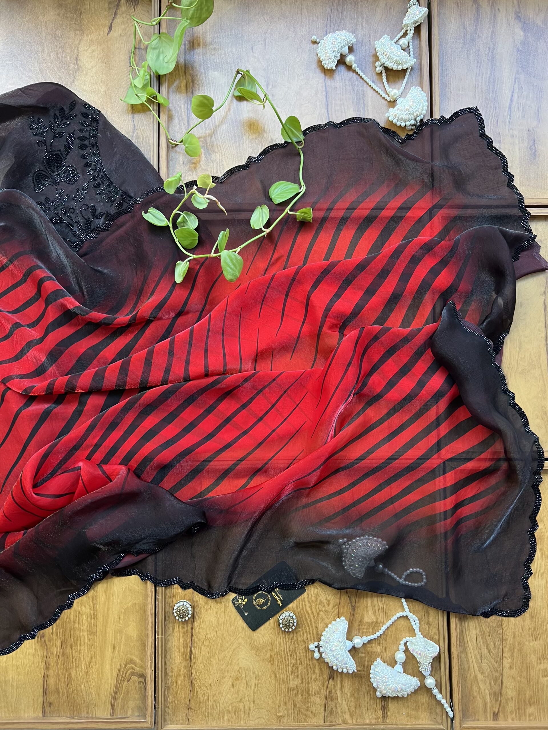 Red Black Leheriya Fendi Silk Saree with Stone Border - Image 3