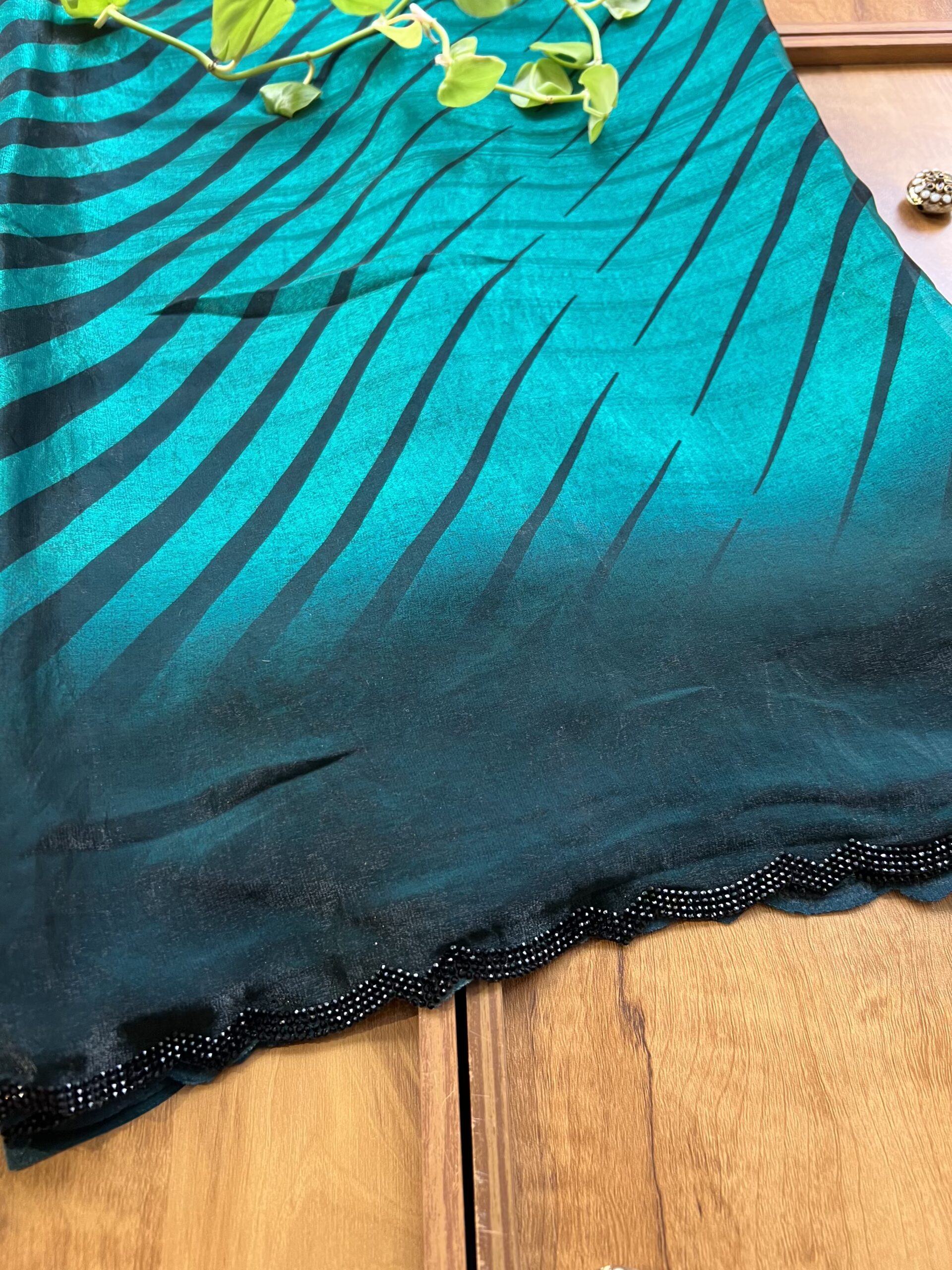 Deep Rama Green Black Leheriya Fendi Silk Saree with Stone Border - Image 2