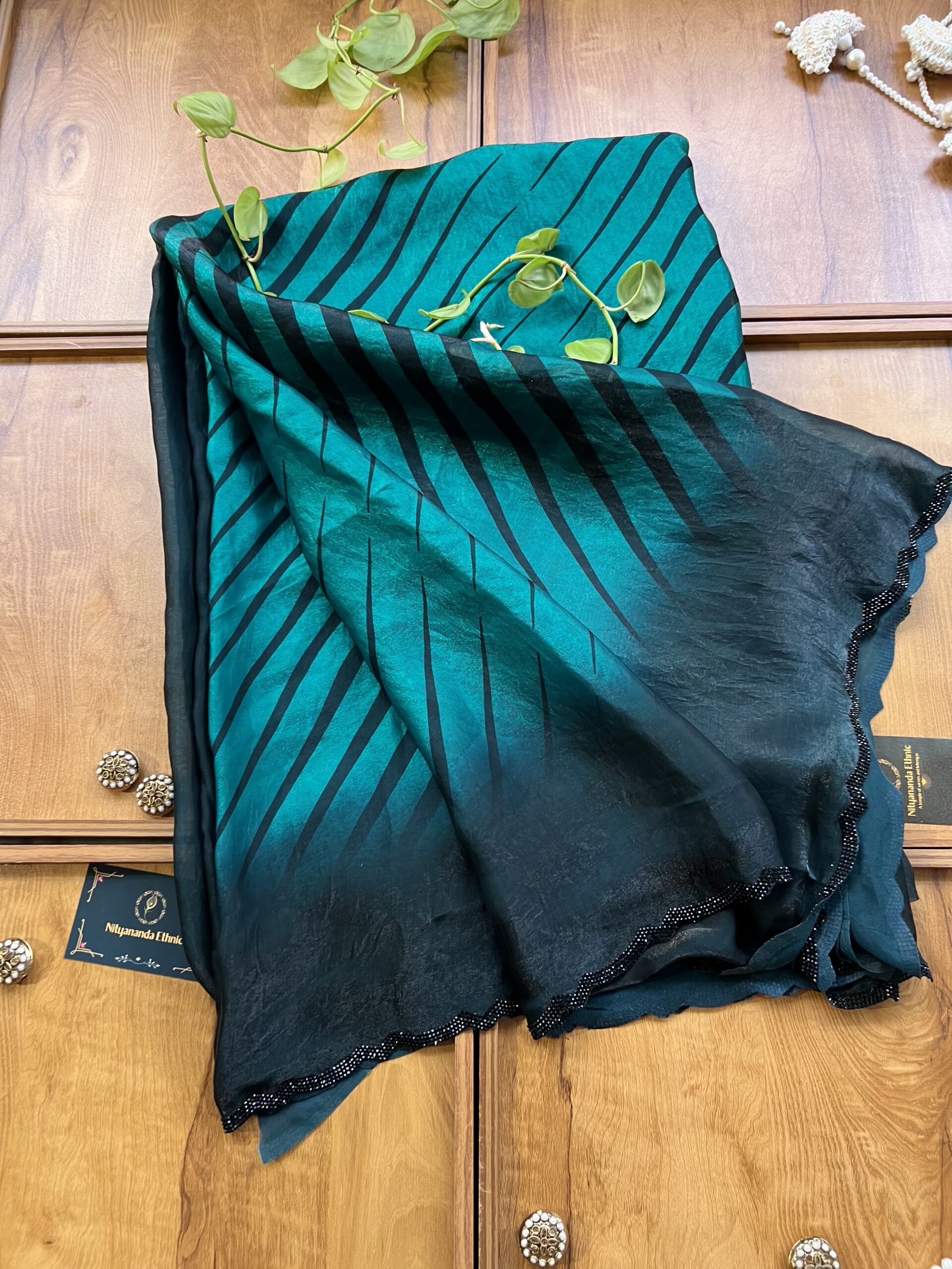Deep Rama Green Black Leheriya Fendi Silk Saree with Stone Border - Image 3