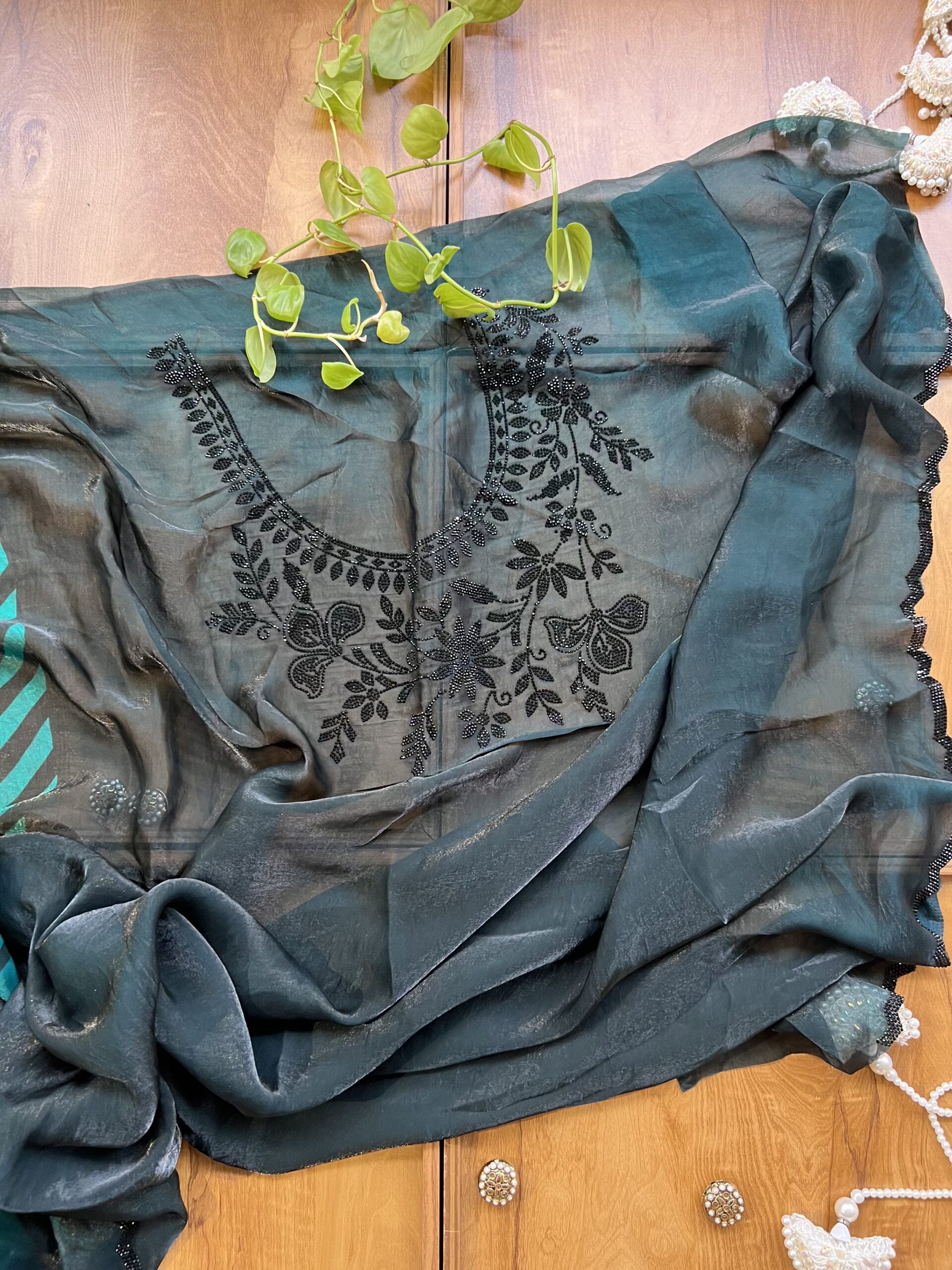 Deep Rama Green Black Leheriya Fendi Silk Saree with Stone Border - Image 5
