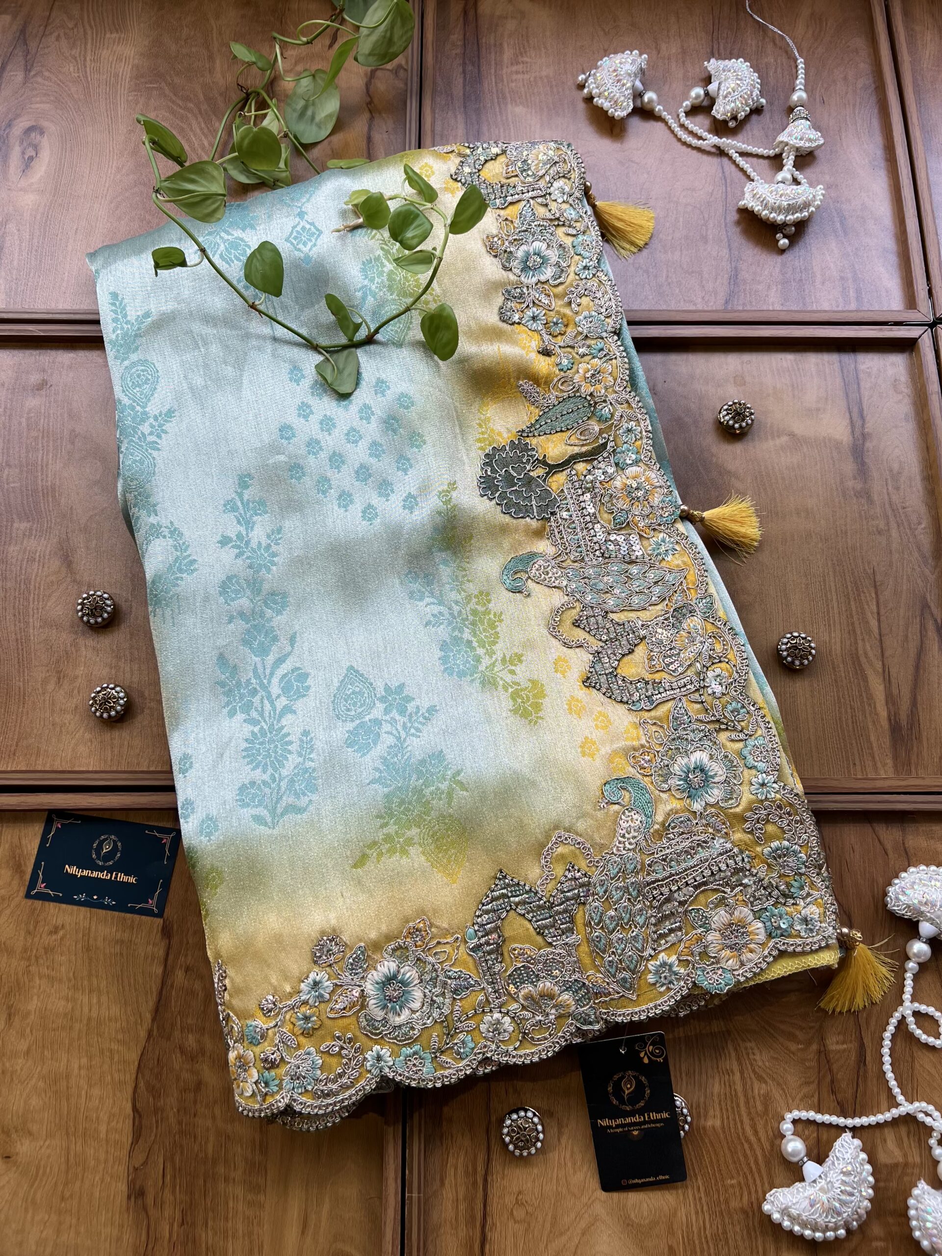 Pastel Blue Dora Silk Saree with 3D Bageecha Artwork Border