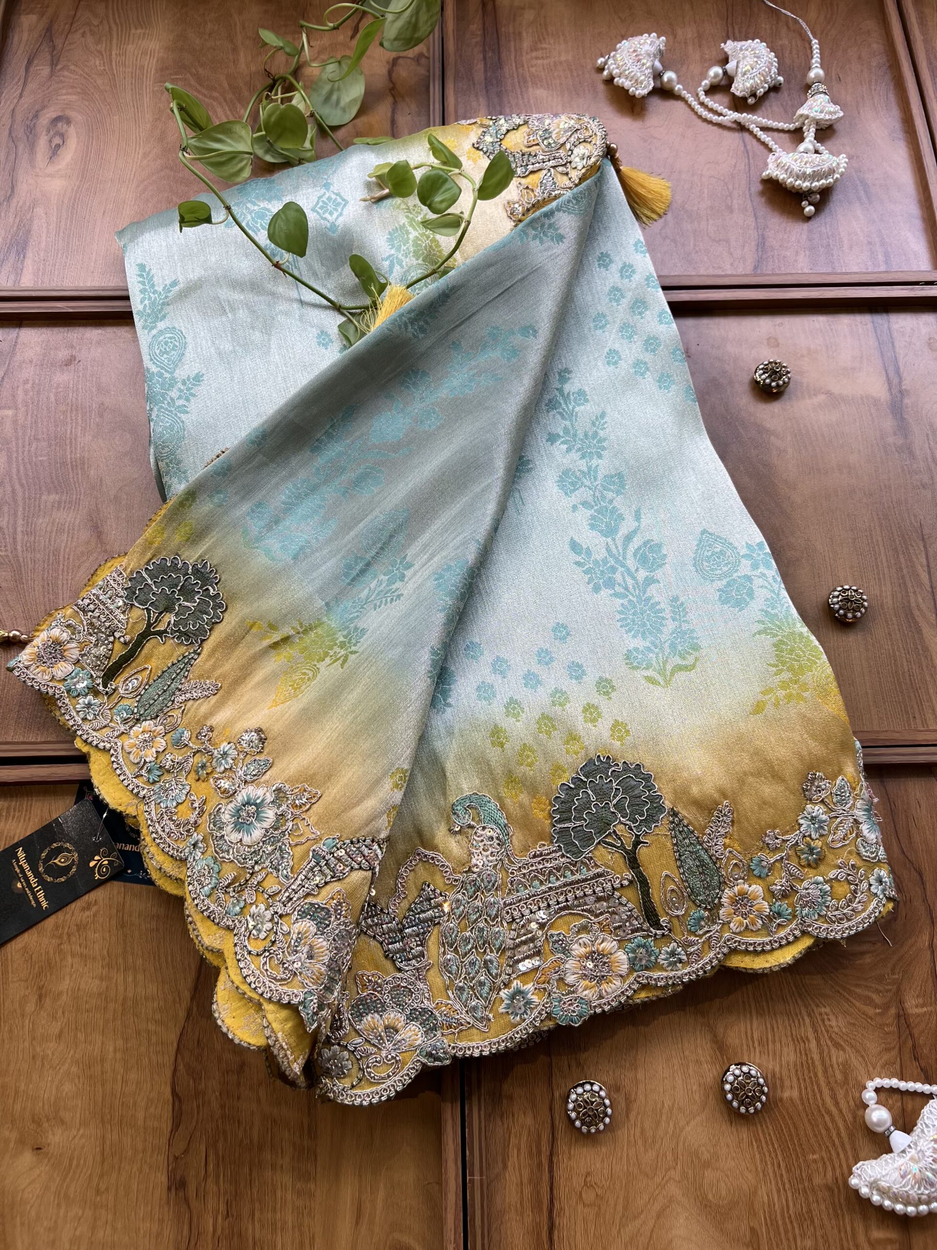 Pastel Blue Dora Silk Saree with 3D Bageecha Artwork Border - Image 5
